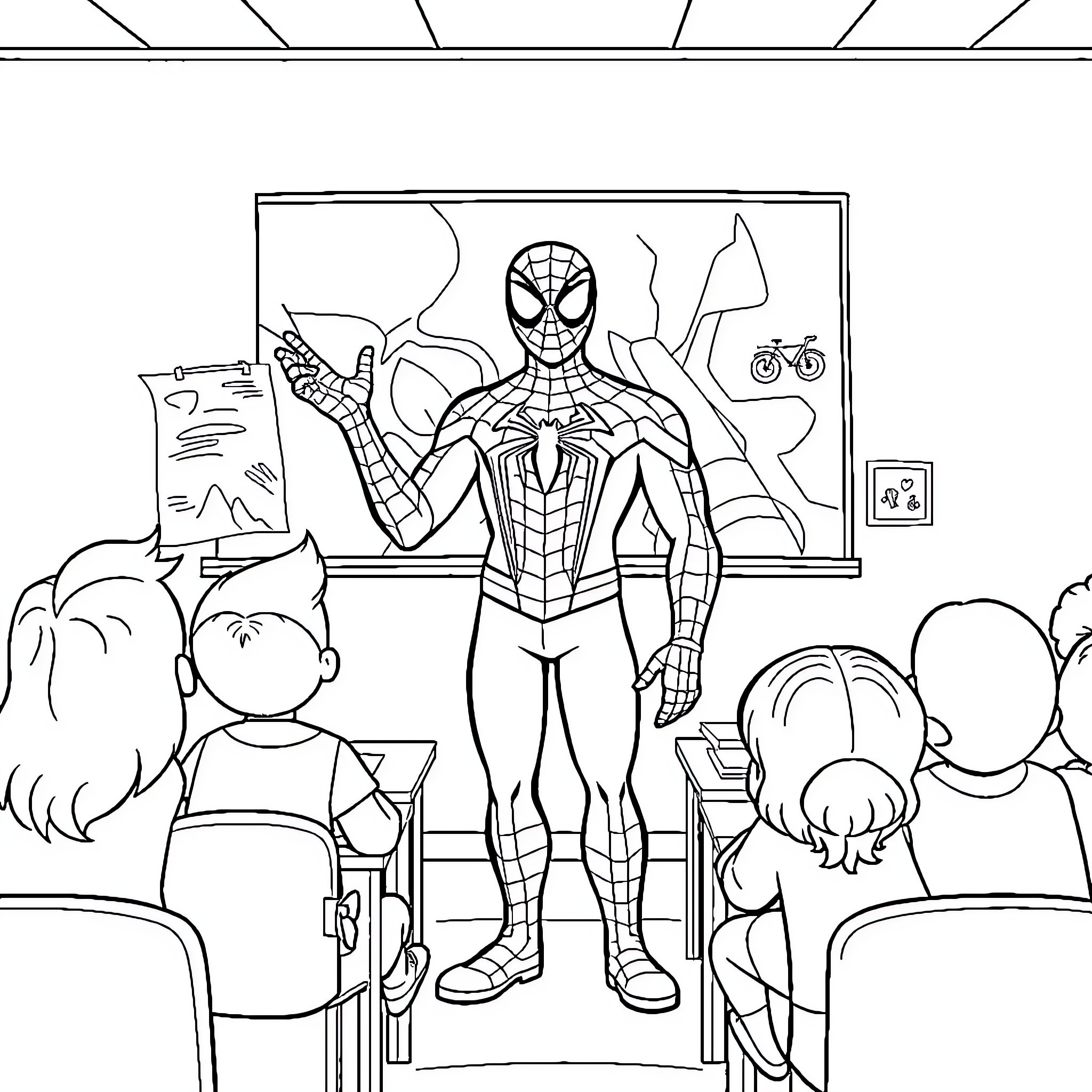 Spiderman teaching students in the classroom Coloring Page (free black-and-white line drawing printable PDF for all, from beginners to advanced learners, including children, teens, adults, and seniors)