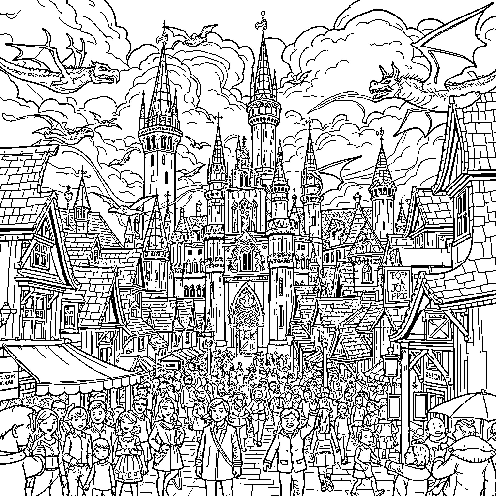Dragon-filled Medieval Fantasy City with Crowds Coloring Page (free black-and-white line drawing printable PDF for all, from beginners to advanced learners, including children, teens, adults, and seniors)
