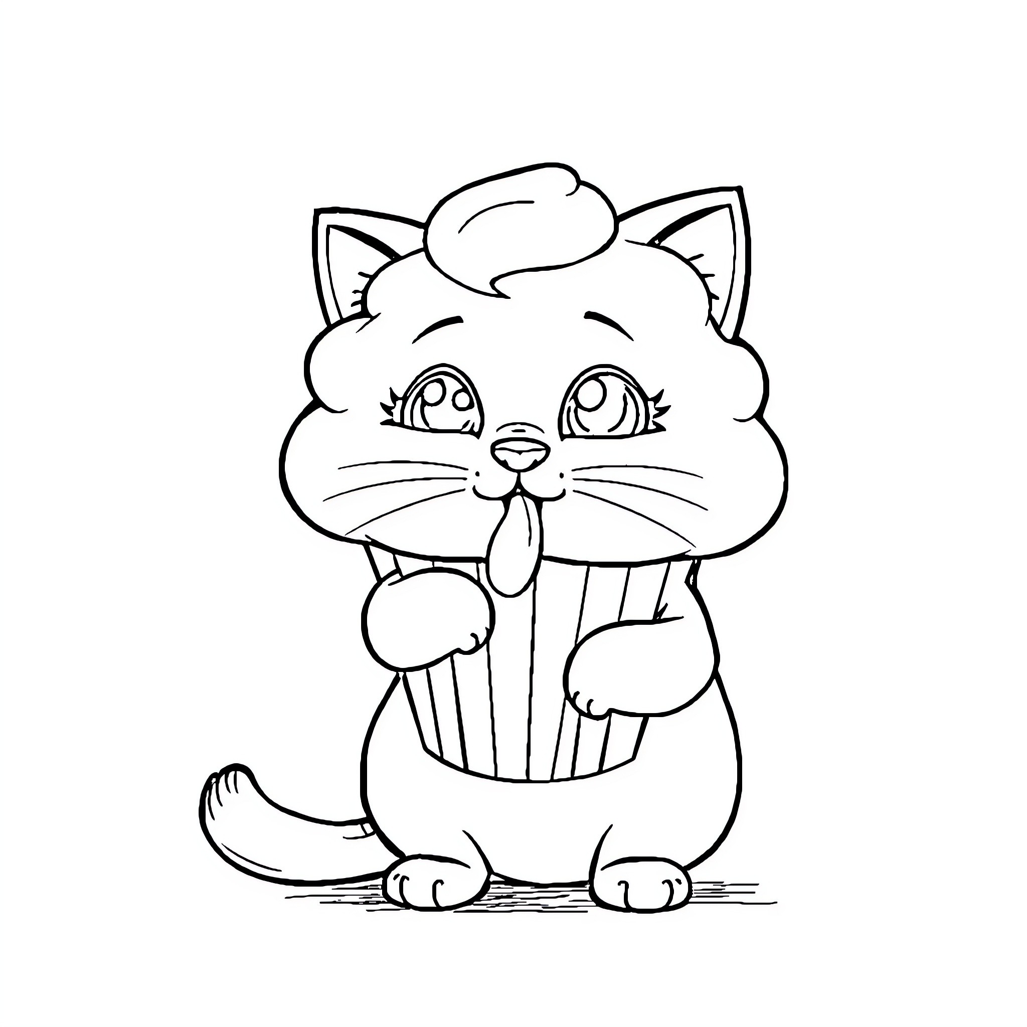 Kitten playing with a cupcake Coloring Page (free black-and-white line drawing printable PDF for all, from beginners to advanced learners, including children, teens, adults, and seniors)