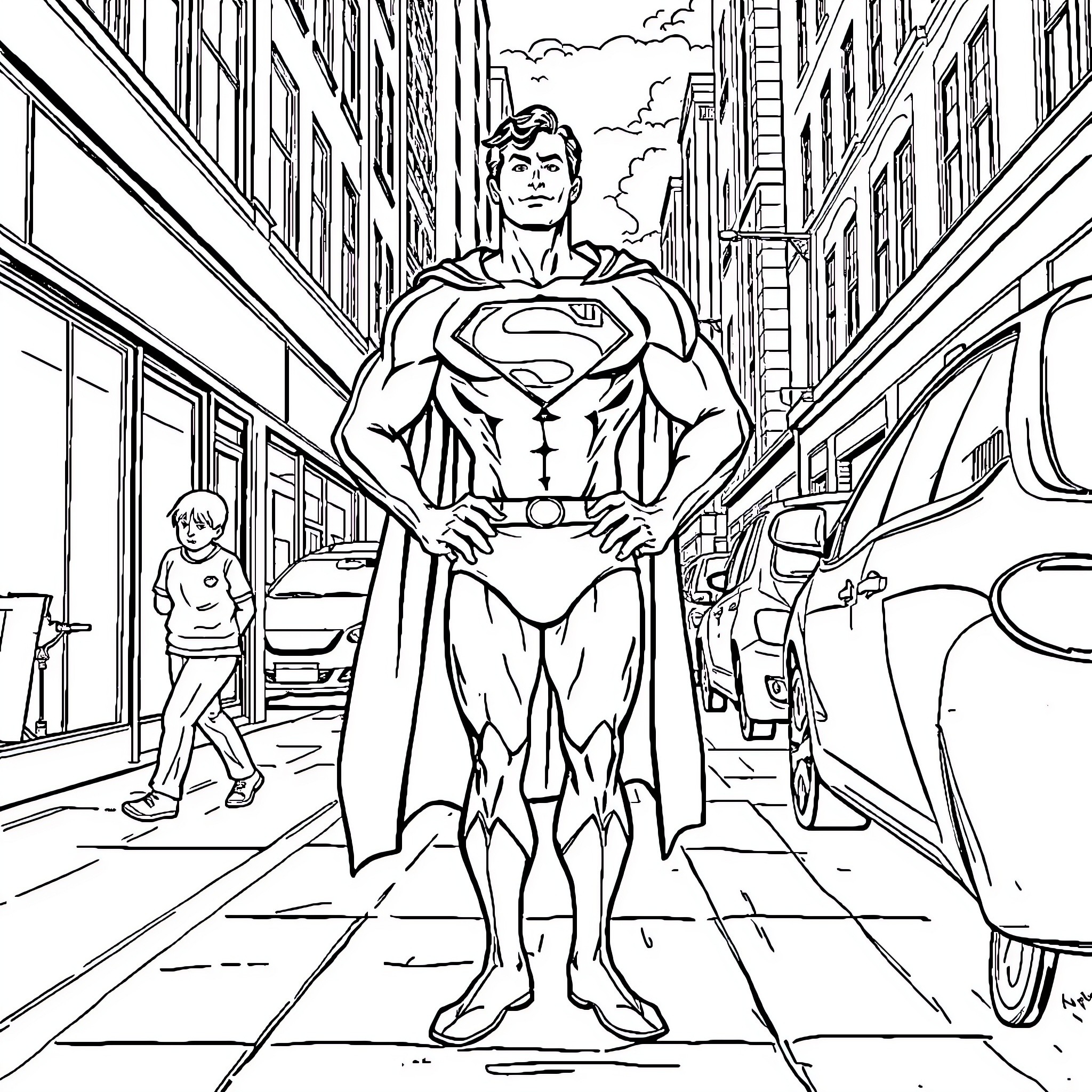 Superman standing heroically in the city streets Coloring Page (free black-and-white line drawing printable PDF for all, from beginners to advanced learners, including children, teens, adults, and seniors)