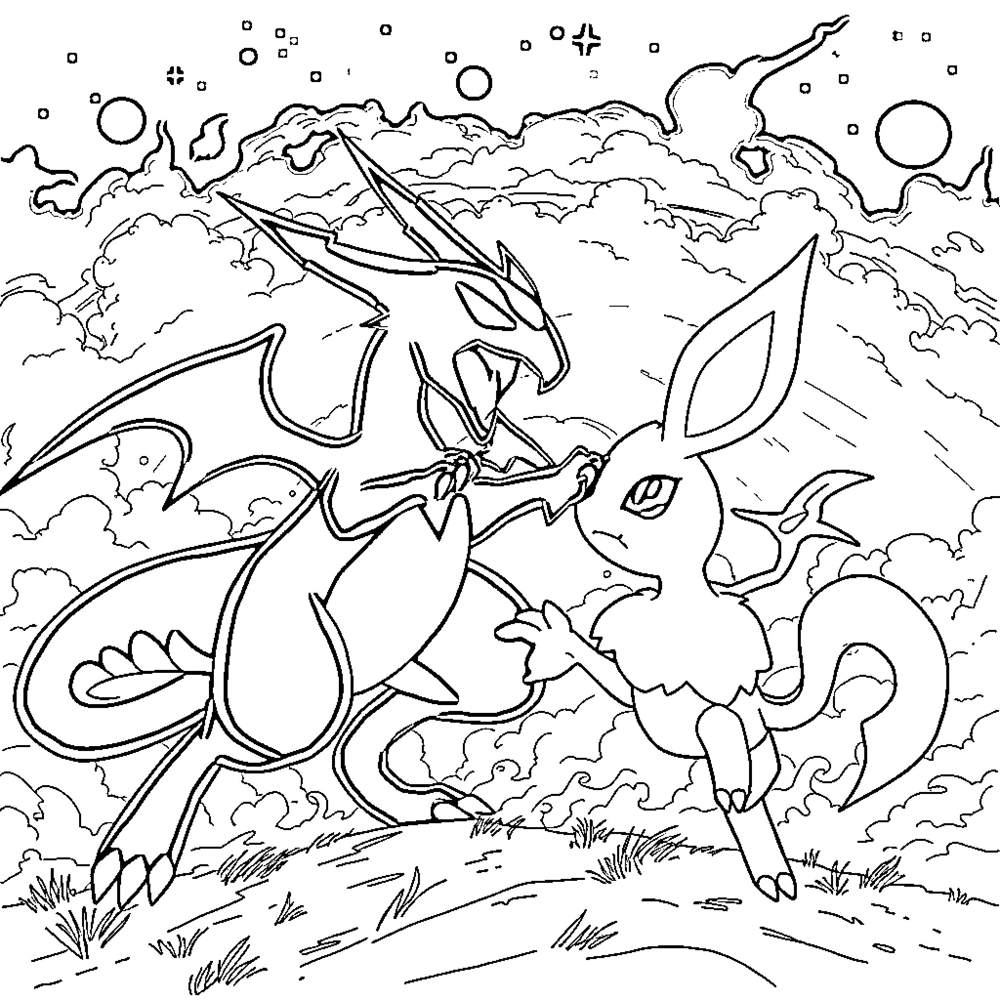 Necrozma's Cosmic Dance with Mythical Creatures Coloring Page (free black-and-white line drawing printable PDF for all, from beginners to advanced learners, including children, teens, adults, and seniors)