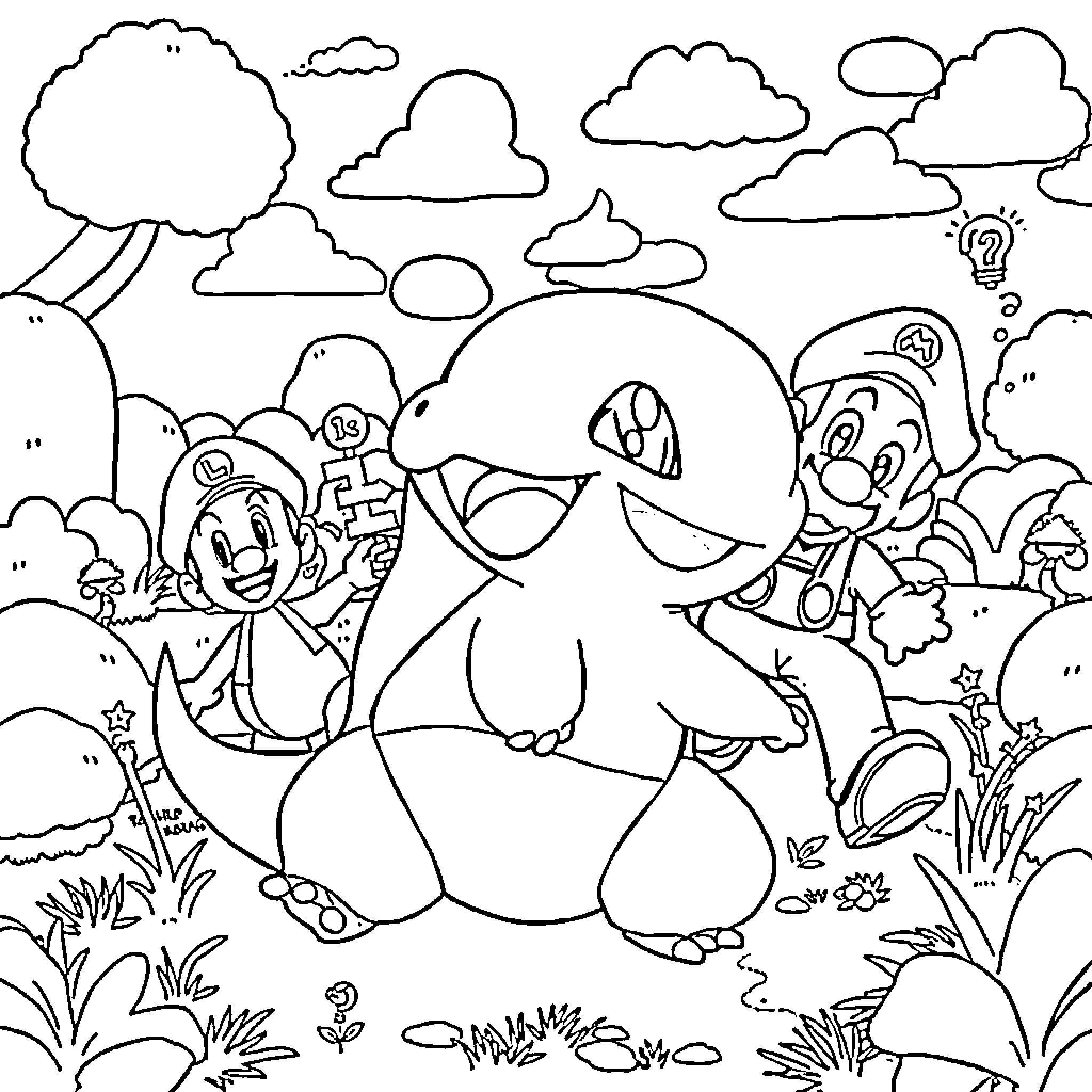Bulbasaur enjoying nature with friends Coloring Page (free black-and-white line drawing printable PDF for all, from beginners to advanced learners, including children, teens, adults, and seniors)