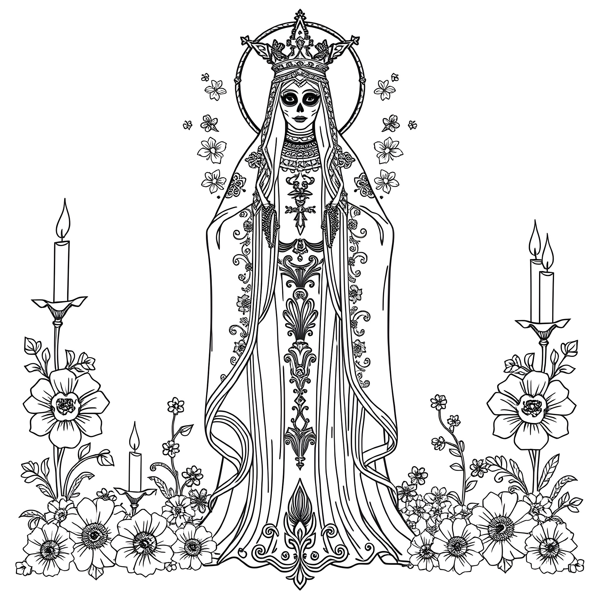 Santa Muerte: Goddess in Ornate Ceremonial Robes with Floral Accents Coloring Page (free black-and-white line drawing printable PDF for all, from beginners to advanced learners, including children, teens, adults, and seniors)