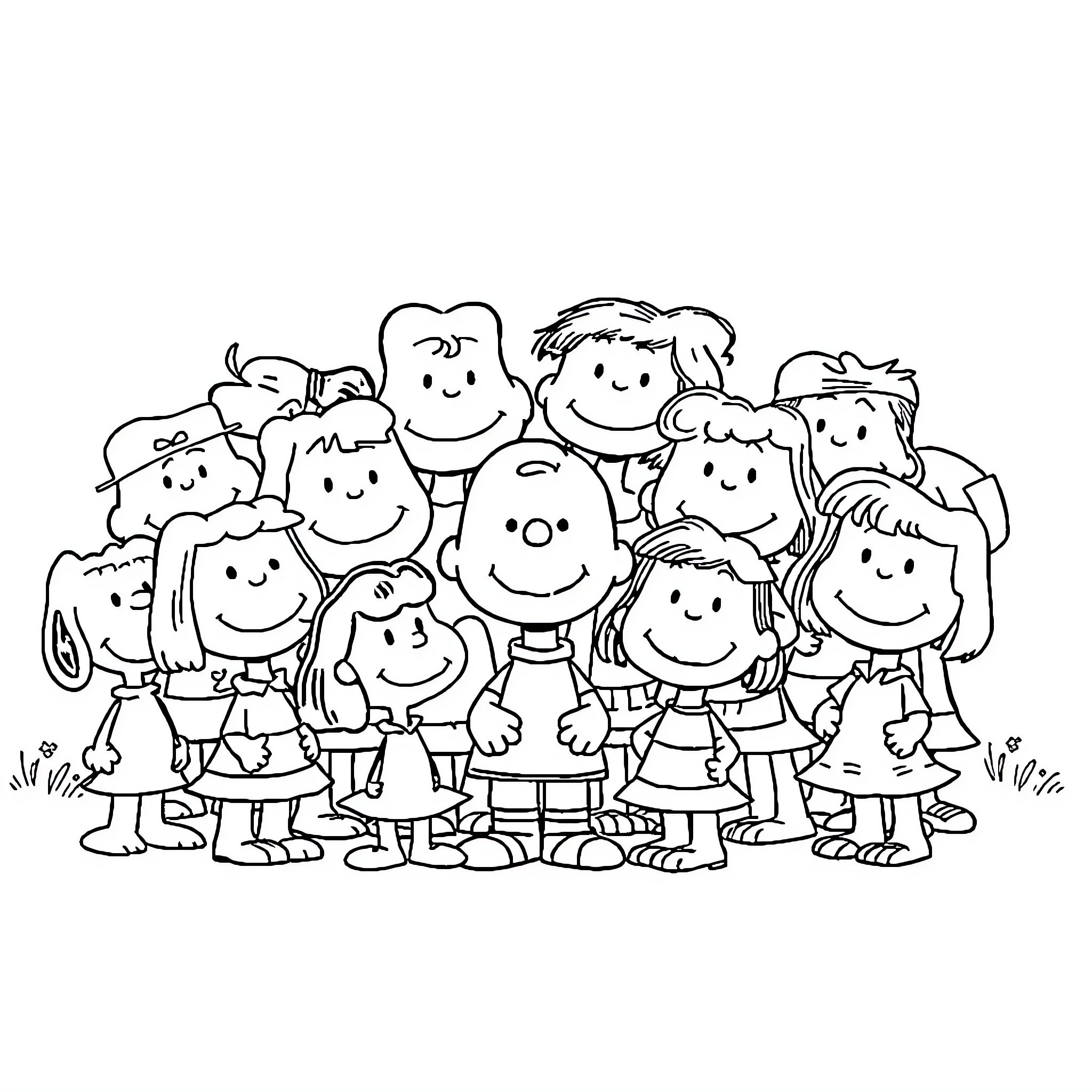 Peanuts characters in a group portrait Coloring Page (free black-and-white line drawing printable PDF for all, from beginners to advanced learners, including children, teens, adults, and seniors)