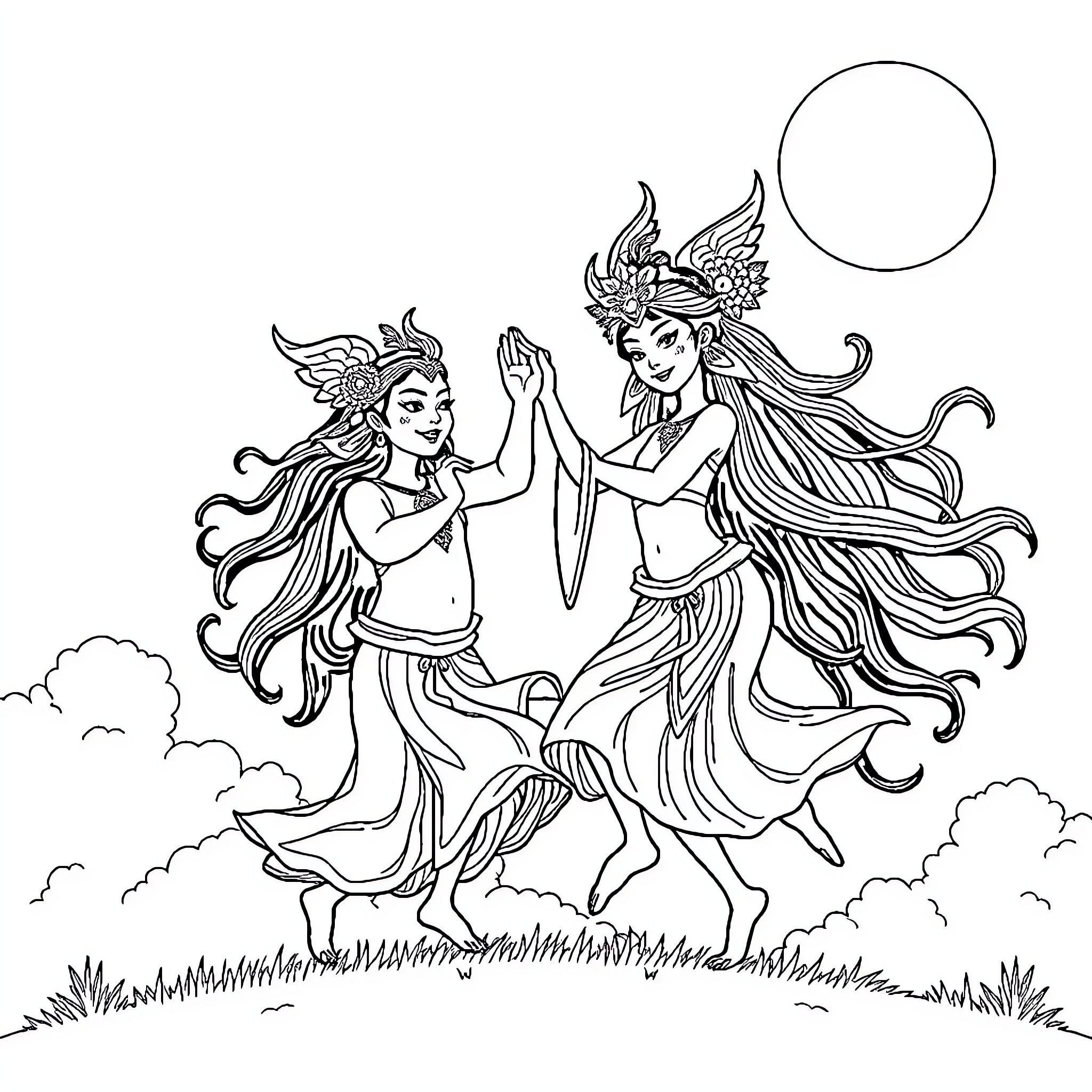 Bumi spirits dancing in the meadow Coloring Page (free black-and-white line drawing printable PDF for all, from beginners to advanced learners, including children, teens, adults, and seniors)