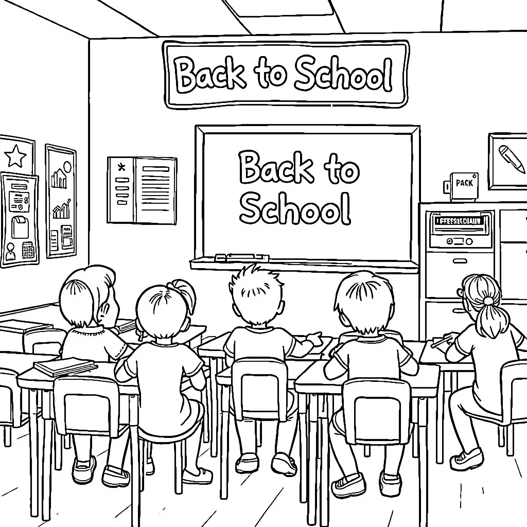 Kids in a classroom on the first day of school Coloring Page (free black-and-white line drawing printable PDF for all, from beginners to advanced learners, including children, teens, adults, and seniors)