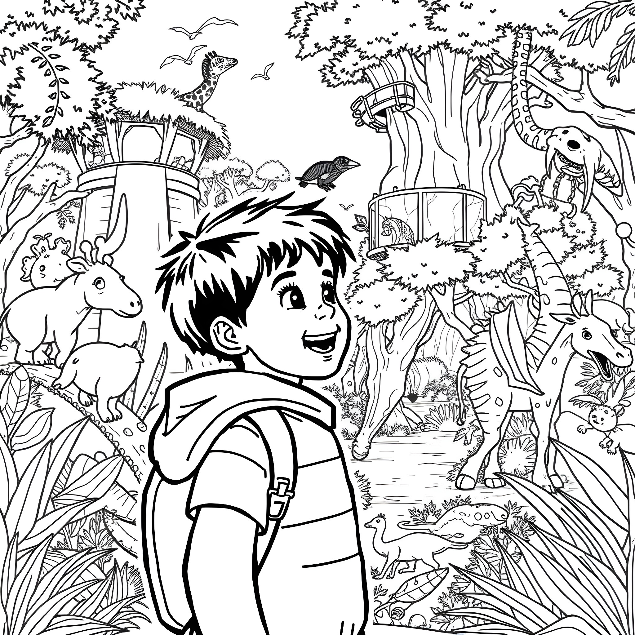 Boy exploring the wondrous jungle adventure Coloring Page (free black-and-white line drawing printable PDF for all, from beginners to advanced learners, including children, teens, adults, and seniors)