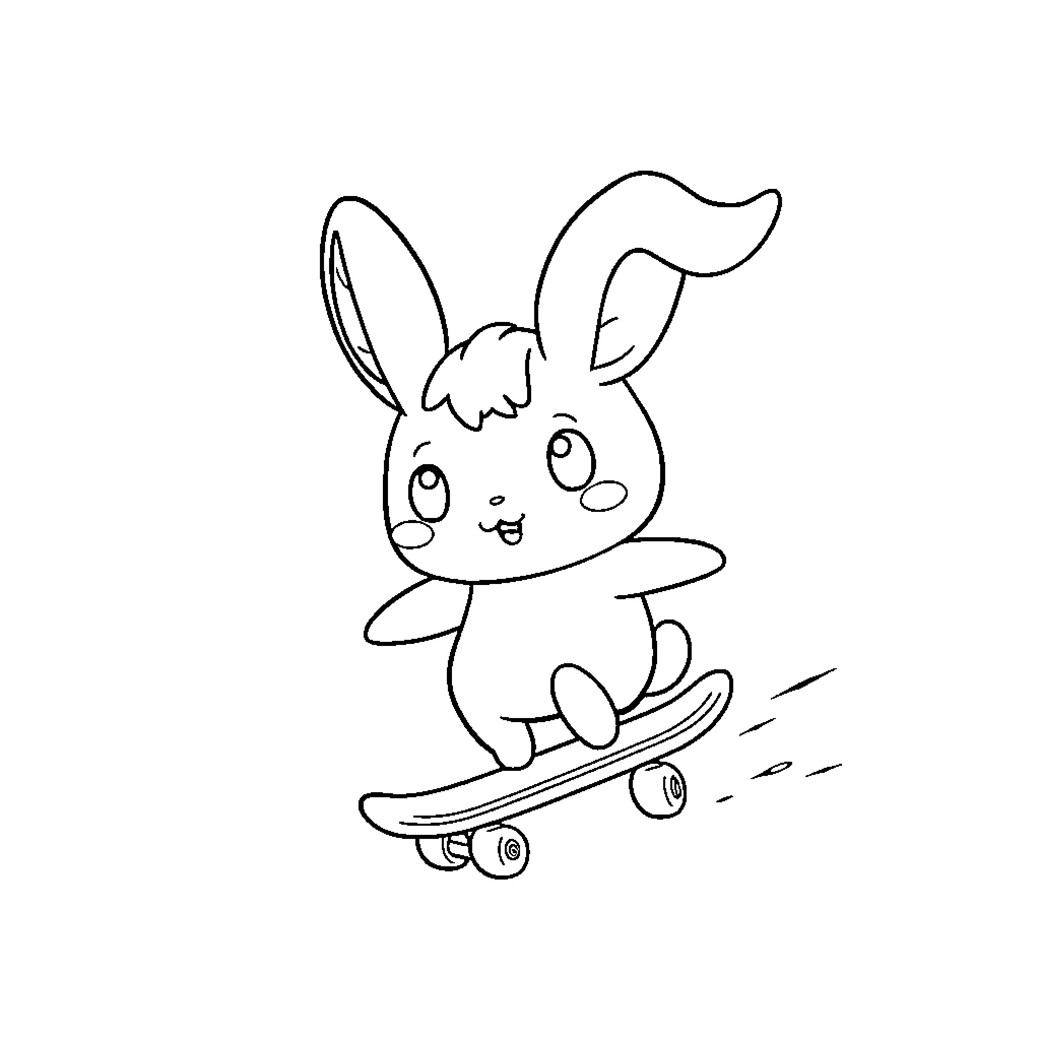 Cinnamoroll skateboarding with a happy expression Coloring Page (free black-and-white line drawing printable PDF for all, from beginners to advanced learners, including children, teens, adults, and seniors)