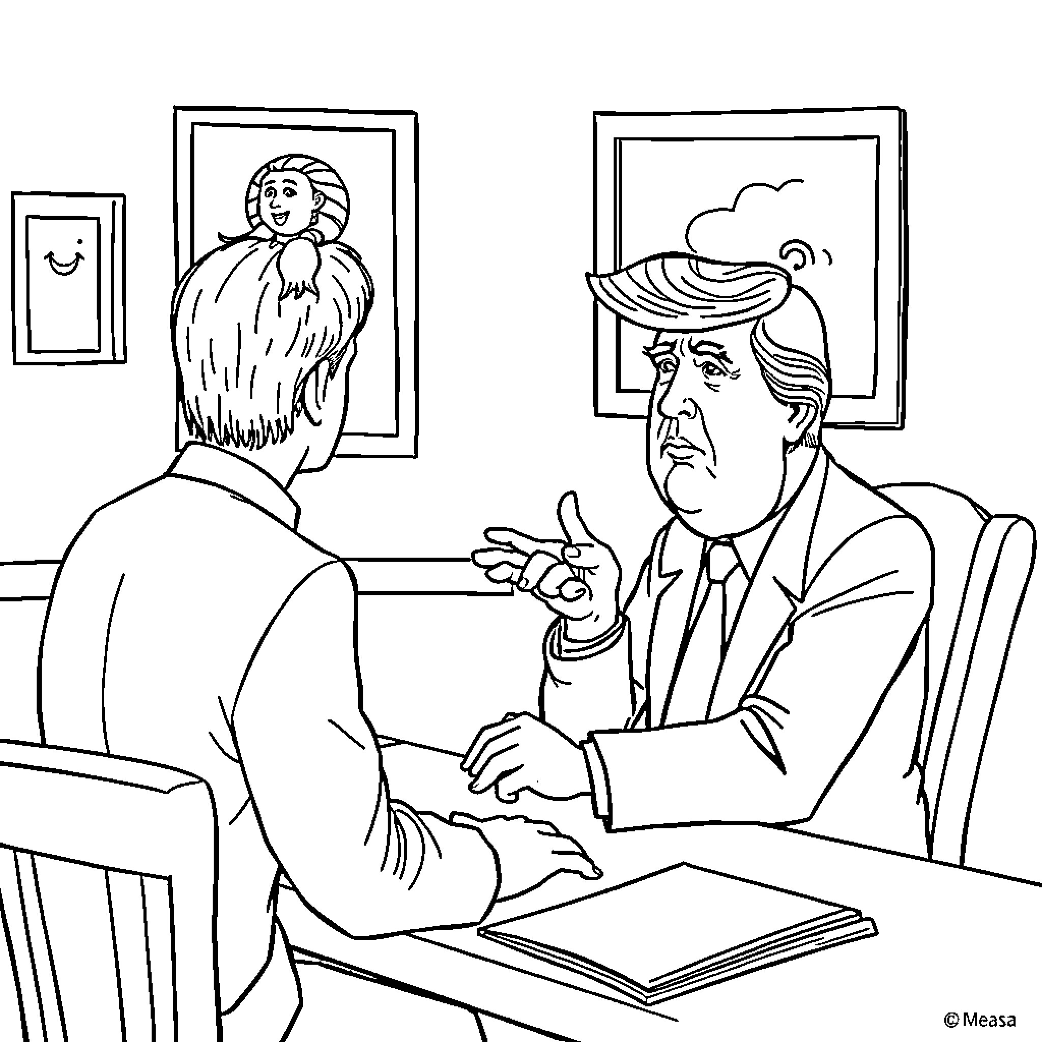 Donald Trump in Heated Discussion with Official Coloring Page (free black-and-white line drawing printable PDF for all, from beginners to advanced learners, including children, teens, adults, and seniors)