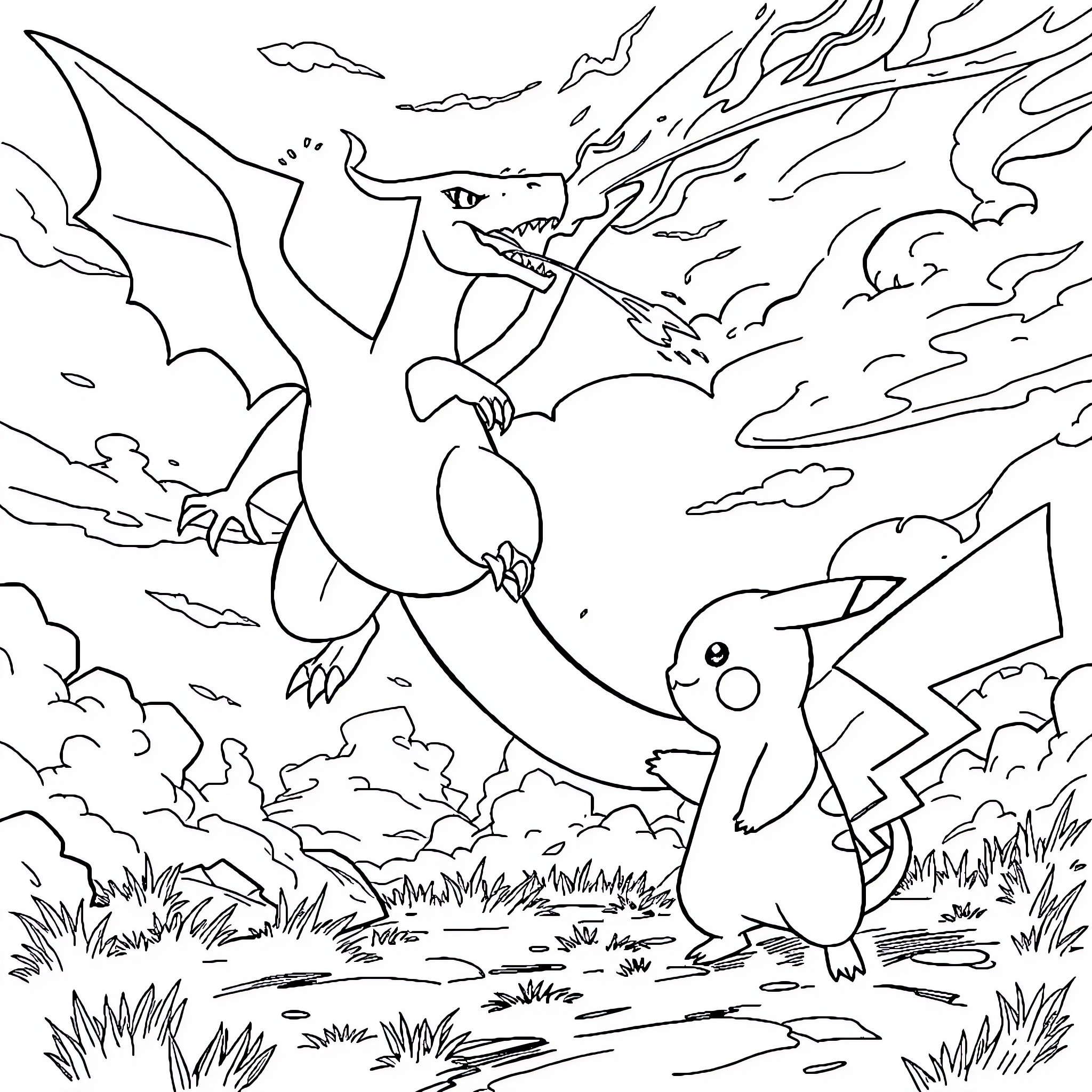 Charizard battling against Pikachu in a storm Coloring Page (free black-and-white line drawing printable PDF for all, from beginners to advanced learners, including children, teens, adults, and seniors)