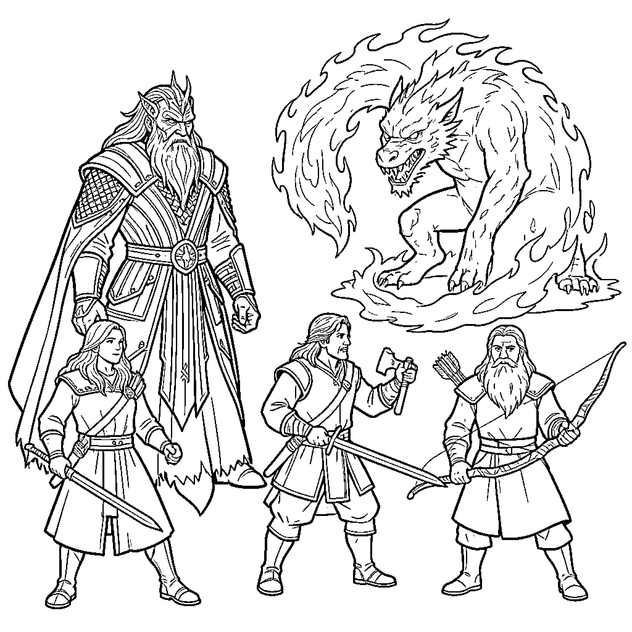 Lord of the Ring: Heroic Warriors and Mythical Creatures Coloring Page (free black-and-white line drawing printable PDF for all, from beginners to advanced learners, including children, teens, adults, and seniors)
