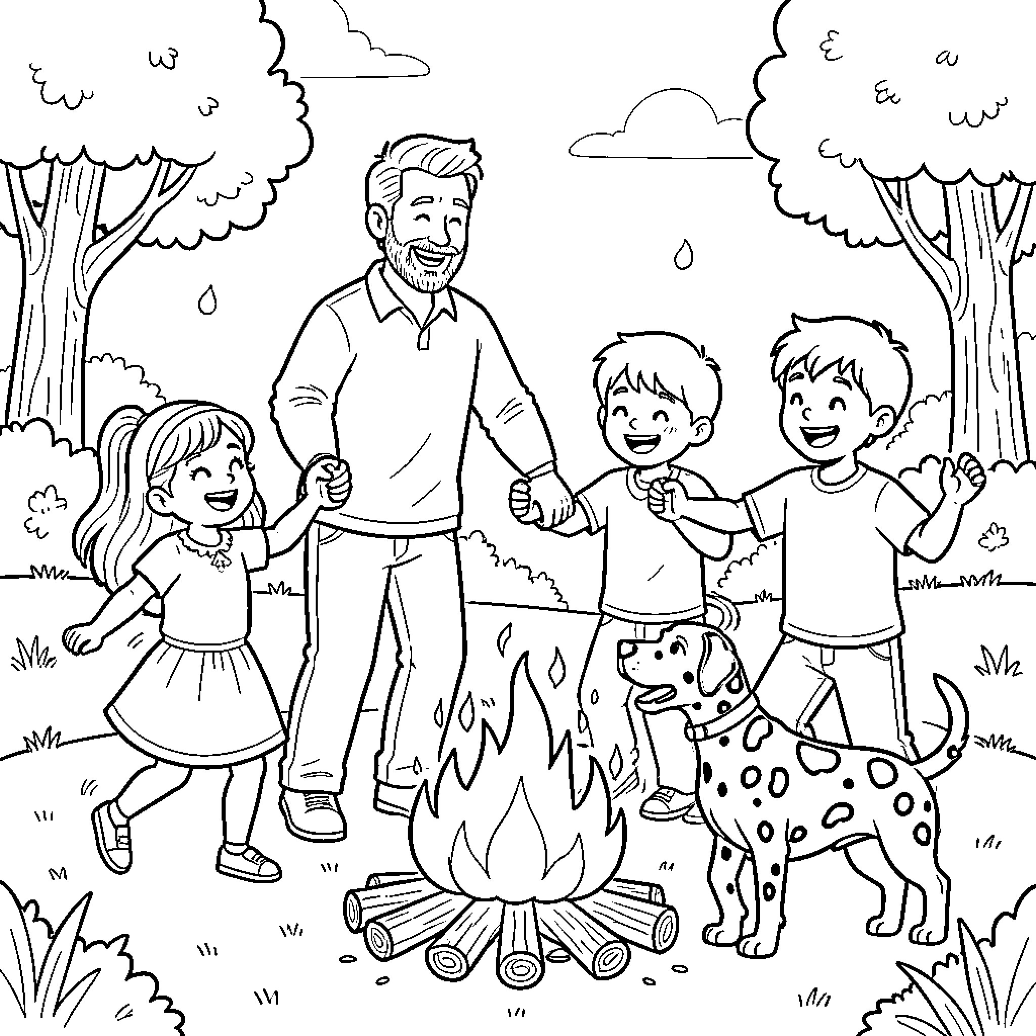 Family dancing together around a campfire outdoors Coloring Page (free black-and-white line drawing printable PDF for all, from beginners to advanced learners, including children, teens, adults, and seniors)