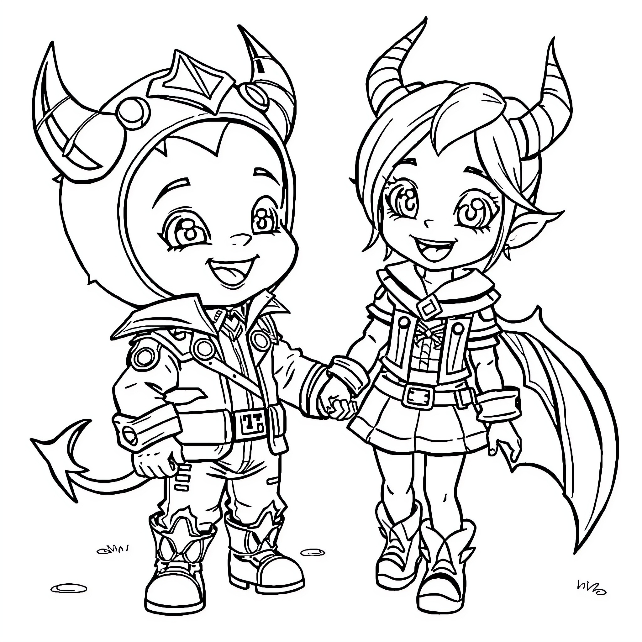 Baby Monsters in Fantastical Outfits Coloring Page (free black-and-white line drawing printable PDF for all, from beginners to advanced learners, including children, teens, adults, and seniors)