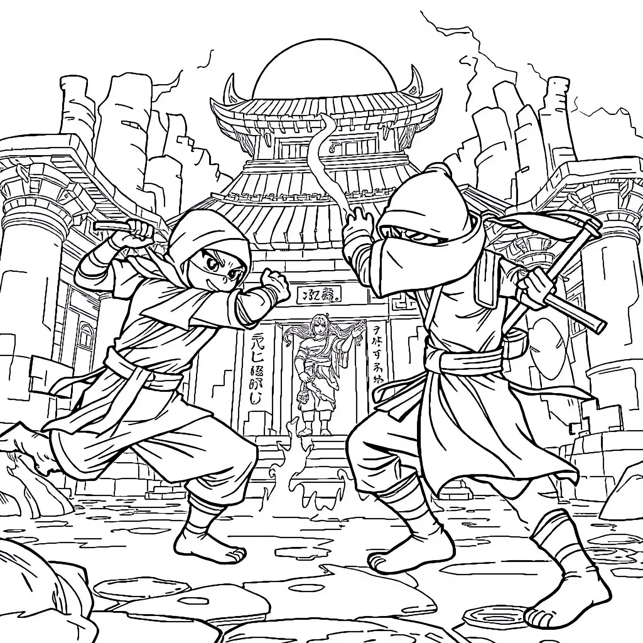 Ninjago - Ninjas in intense battle near ancient temple Coloring Page (free black-and-white line drawing printable PDF for all, from beginners to advanced learners, including children, teens, adults, and seniors)