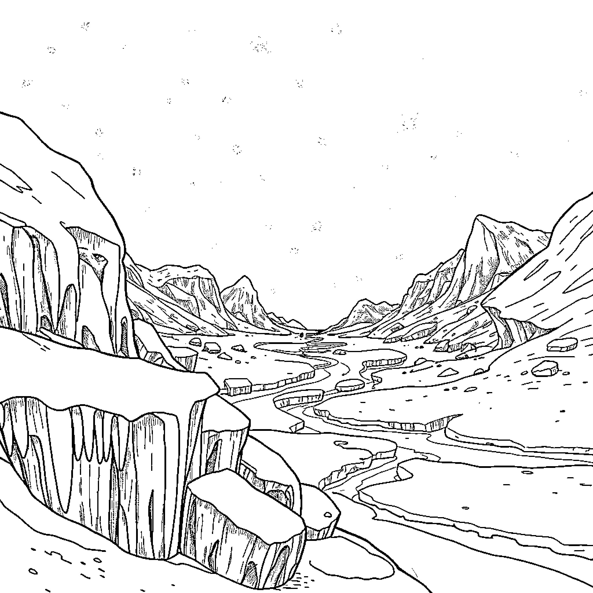 Frozen winter landscape with mountains and rivers Coloring Page (free black-and-white line drawing printable PDF for all, from beginners to advanced learners, including children, teens, adults, and seniors)