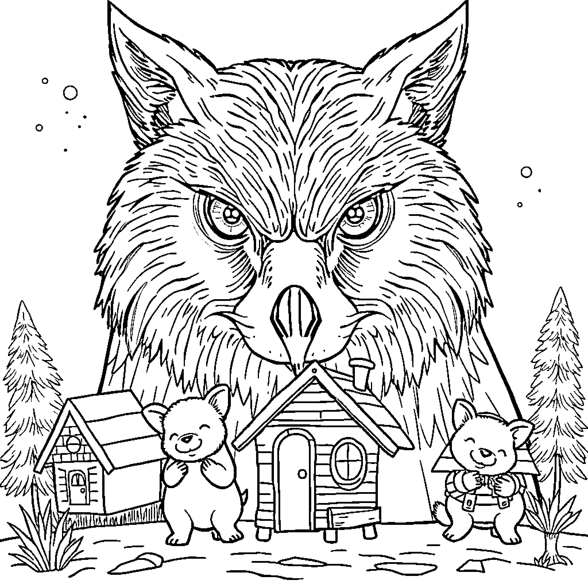 Wolf guarding log cabins in the forest Coloring Page (free black-and-white line drawing printable PDF for all, from beginners to advanced learners, including children, teens, adults, and seniors)