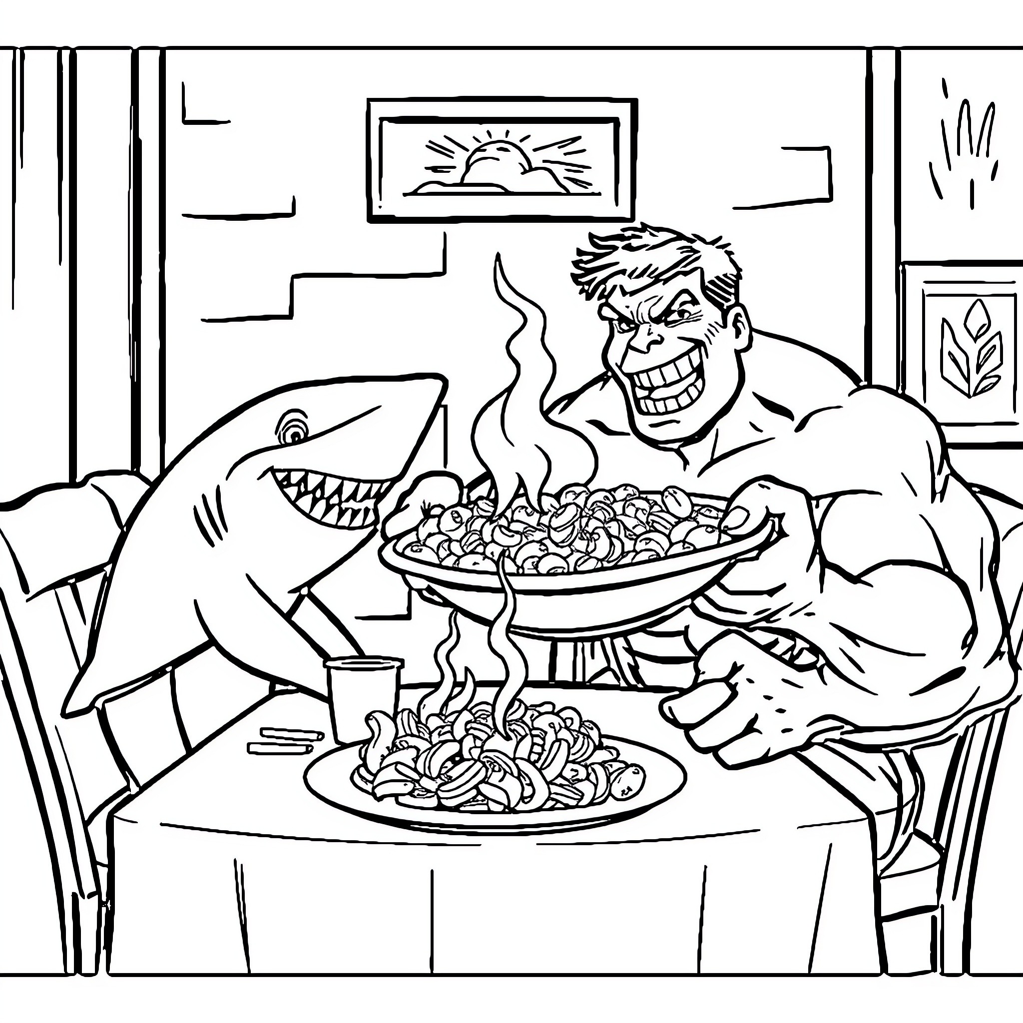 Shark Man enjoys a delicious seafood meal Coloring Page (free black-and-white line drawing printable PDF for all, from beginners to advanced learners, including children, teens, adults, and seniors)