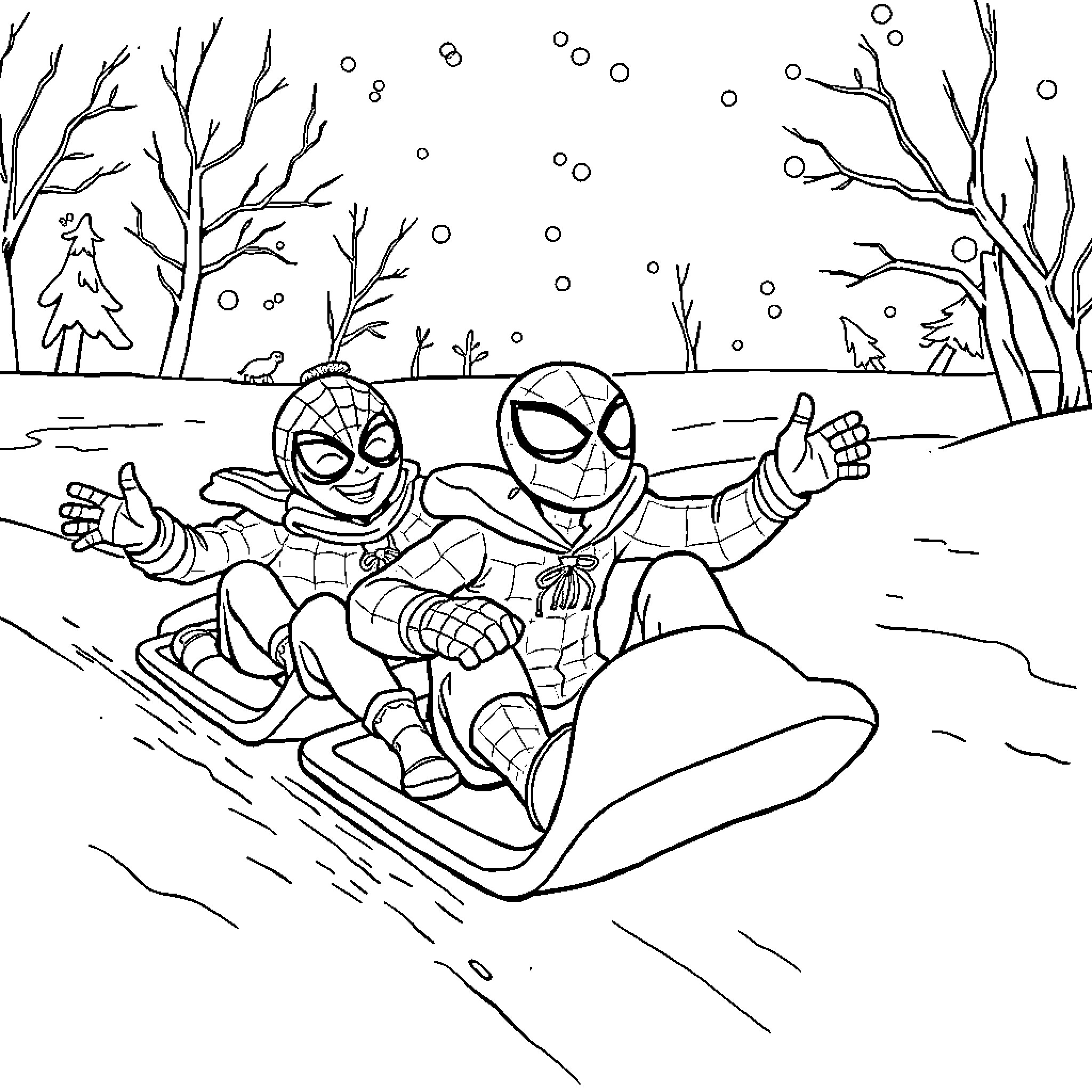 Spider-Heroes Sledding on a Snowy Winter Day Coloring Page (free black-and-white line drawing printable PDF for all, from beginners to advanced learners, including children, teens, adults, and seniors)