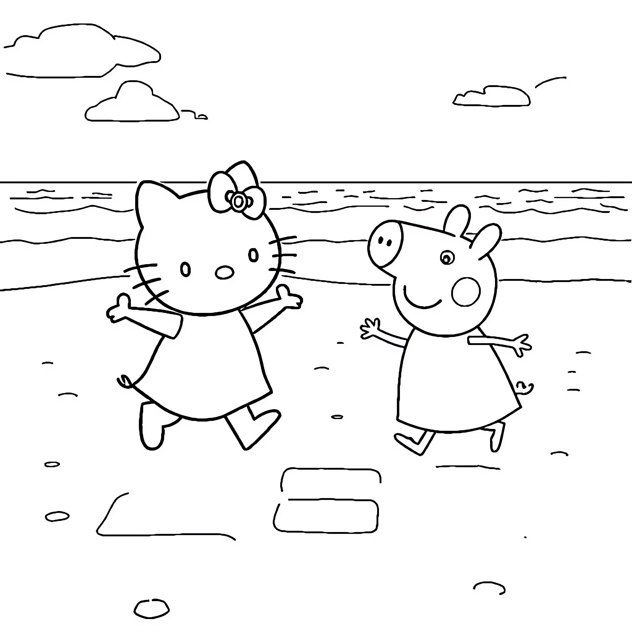 Hello Kitty and Peppa Pig enjoying the beach Coloring Page (free black-and-white line drawing printable PDF for all, from beginners to advanced learners, including children, teens, adults, and seniors)