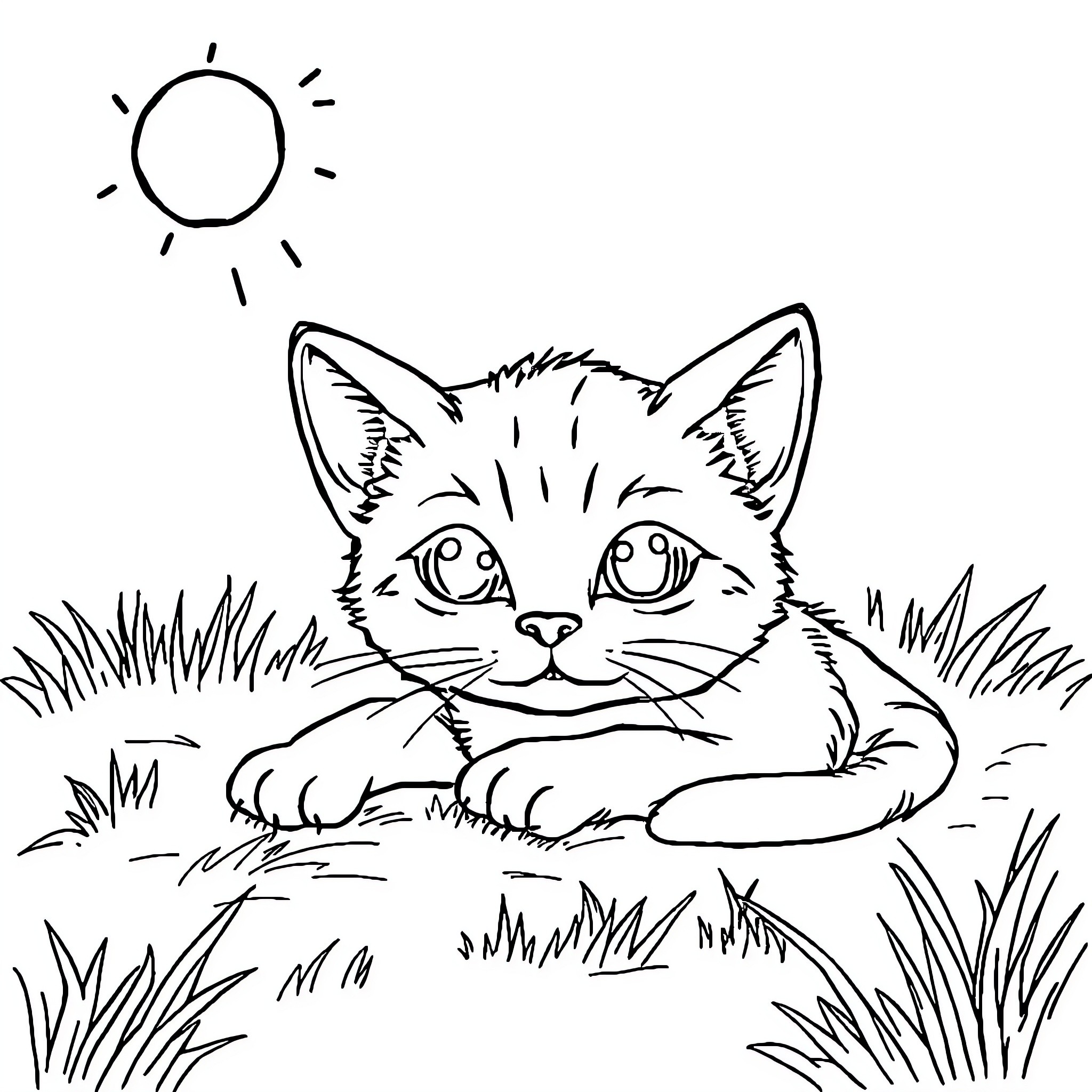 Cat resting in the grass under the sun Coloring Page (free black-and-white line drawing printable PDF for all, from beginners to advanced learners, including children, teens, adults, and seniors)
