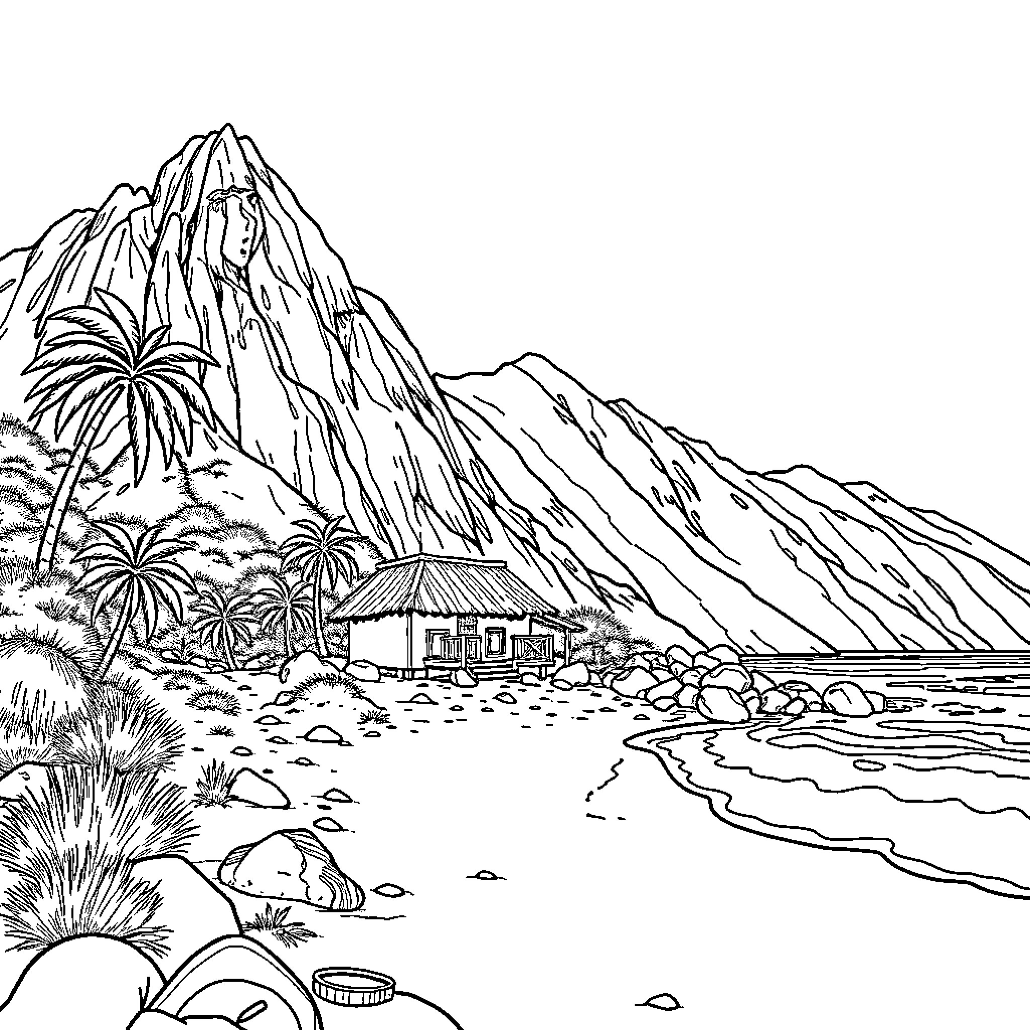 Beach scene with mountain landscape and huts Coloring Page (free black-and-white line drawing printable PDF for all, from beginners to advanced learners, including children, teens, adults, and seniors)
