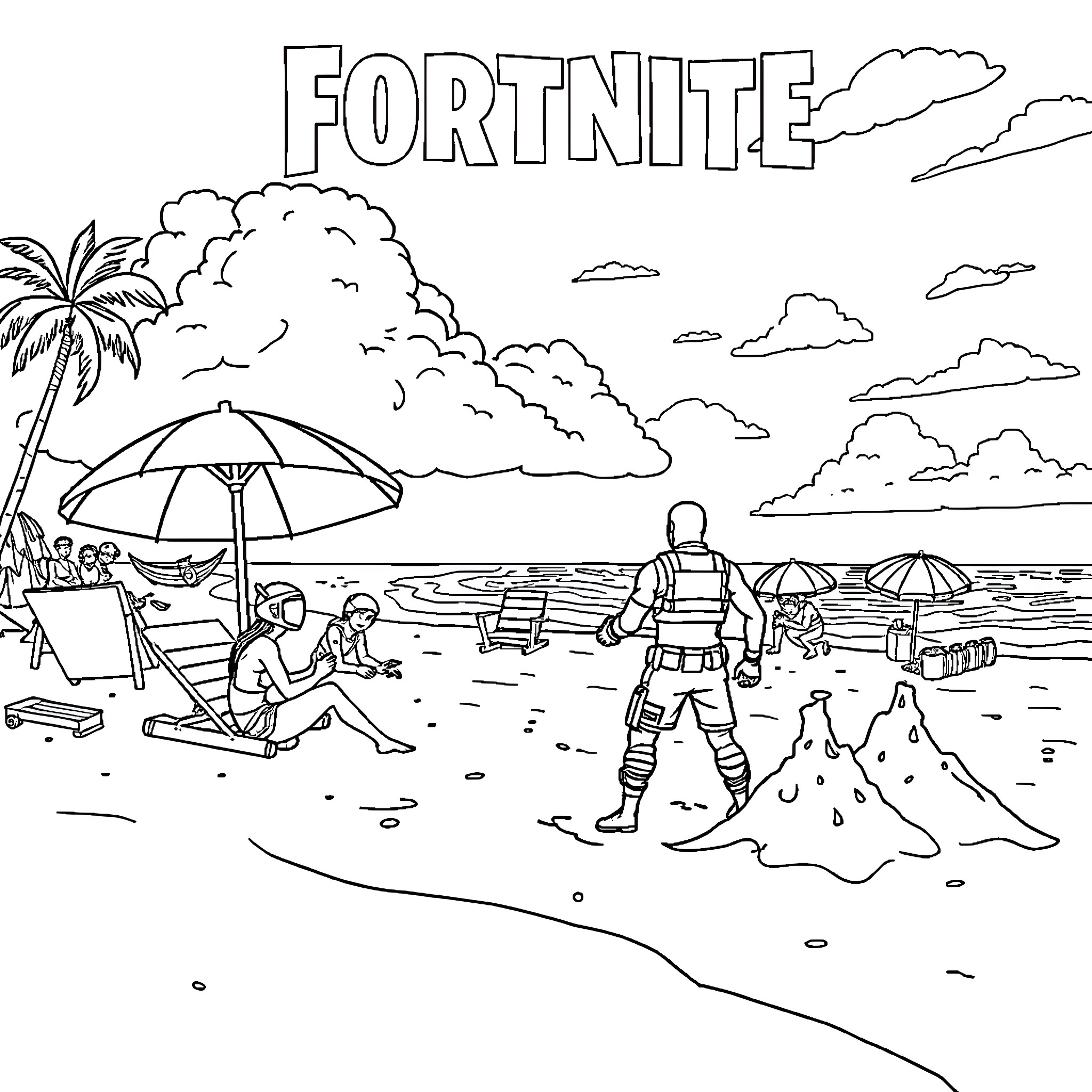 Fortnite characters enjoying a tropical beach scene Coloring Page (free black-and-white line drawing printable PDF for all, from beginners to advanced learners, including children, teens, adults, and seniors)