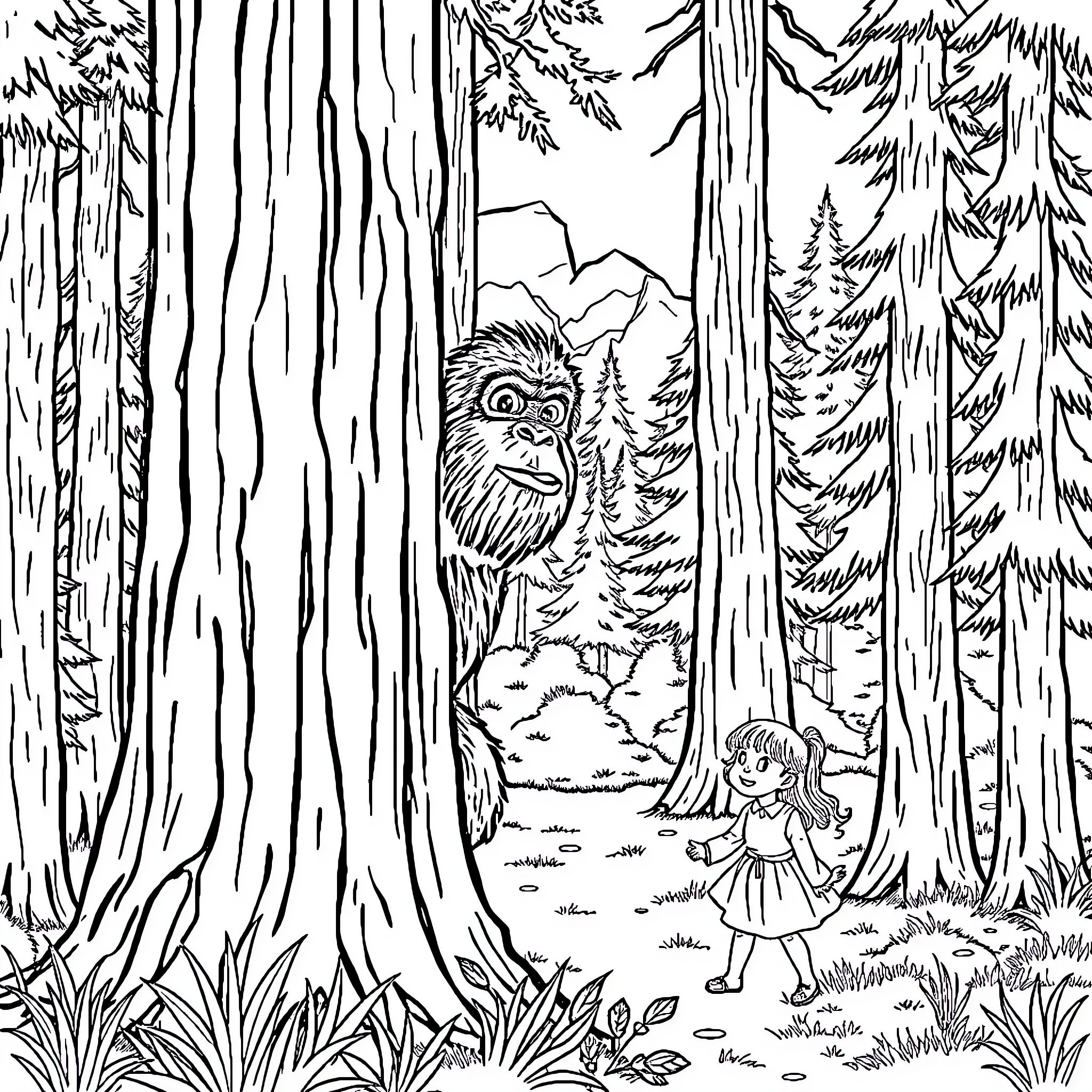 Bigfoot Sighting in the Enchanted Forest Coloring Page (free black-and-white line drawing printable PDF for all, from beginners to advanced learners, including children, teens, adults, and seniors)