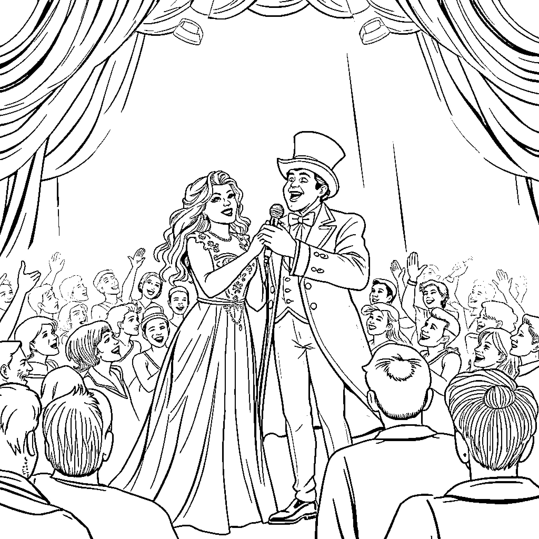 Magician entertains audience with assistant on stage Coloring Page (free black-and-white line drawing printable PDF for all, from beginners to advanced learners, including children, teens, adults, and seniors)