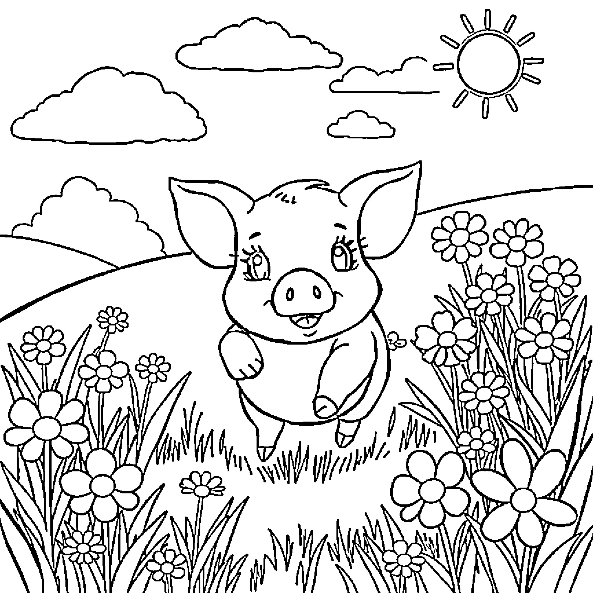 Pig playing happily in the garden Coloring Page (free black-and-white line drawing printable PDF for all, from beginners to advanced learners, including children, teens, adults, and seniors)