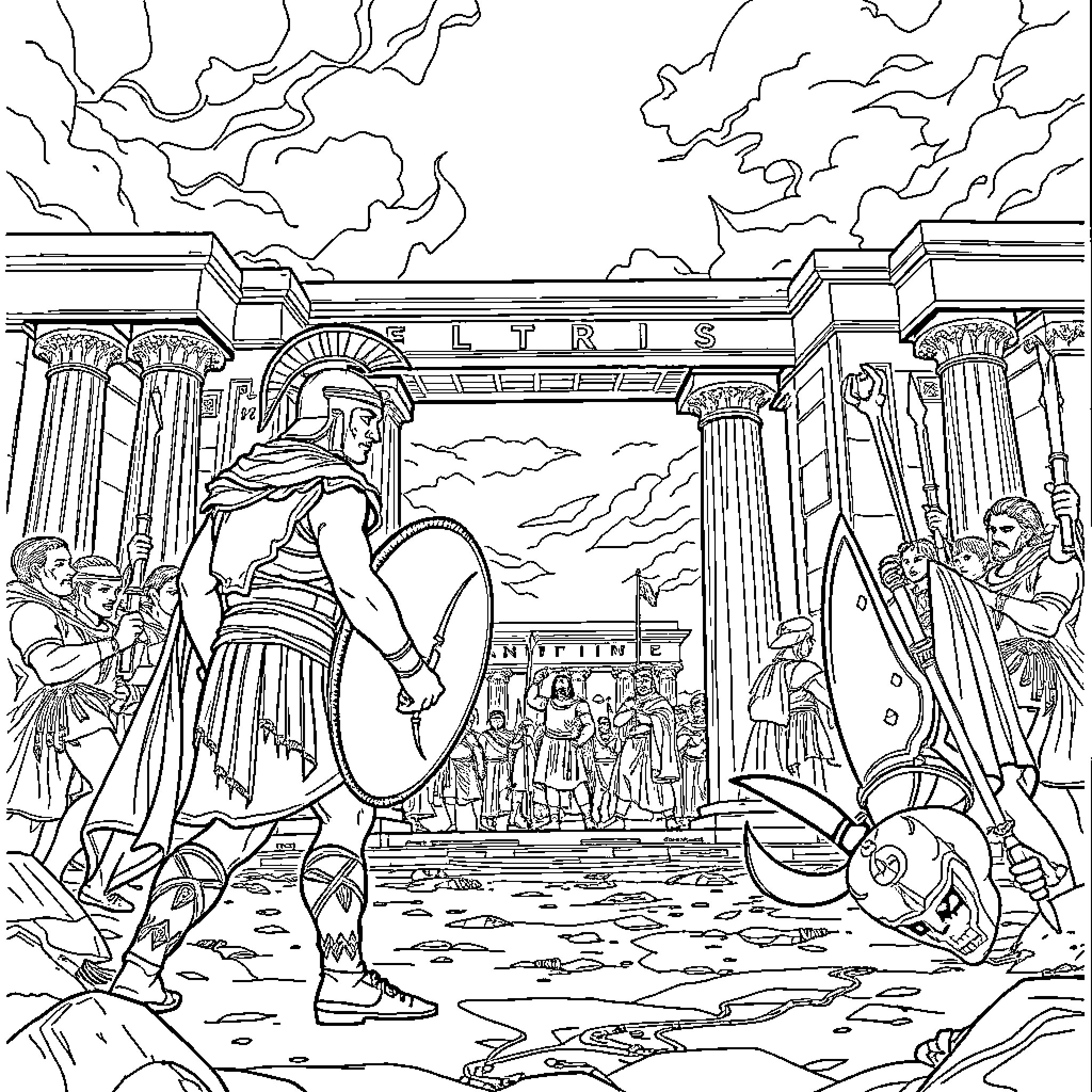 Achilles Standing Triumphantly Amidst Adoring Crowd Coloring Page (free black-and-white line drawing printable PDF for all, from beginners to advanced learners, including children, teens, adults, and seniors)