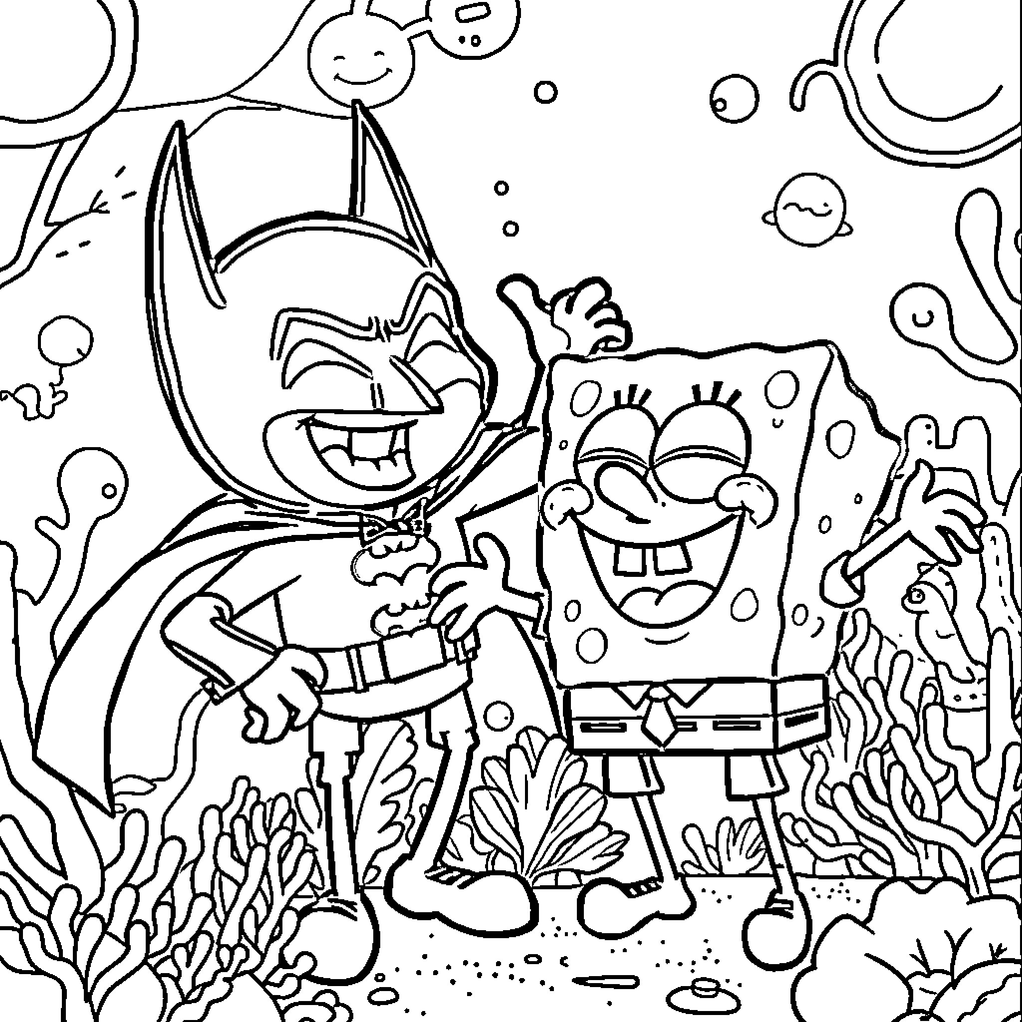 Spongebob and Batman having fun underwater Coloring Page (free black-and-white line drawing printable PDF for all, from beginners to advanced learners, including children, teens, adults, and seniors)
