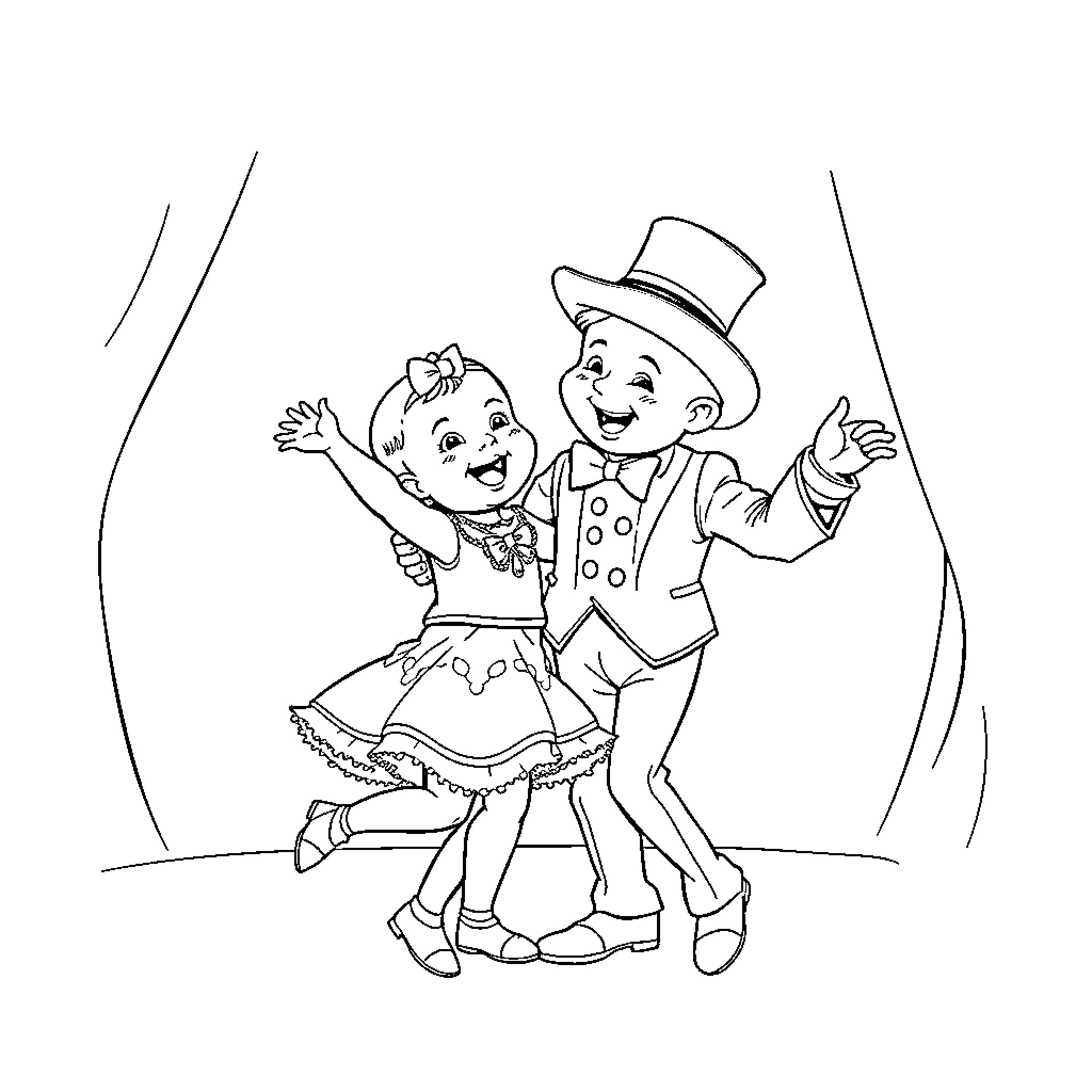 Baby siblings dancing happily in fancy outfits Coloring Page (free black-and-white line drawing printable PDF for all, from beginners to advanced learners, including children, teens, adults, and seniors)
