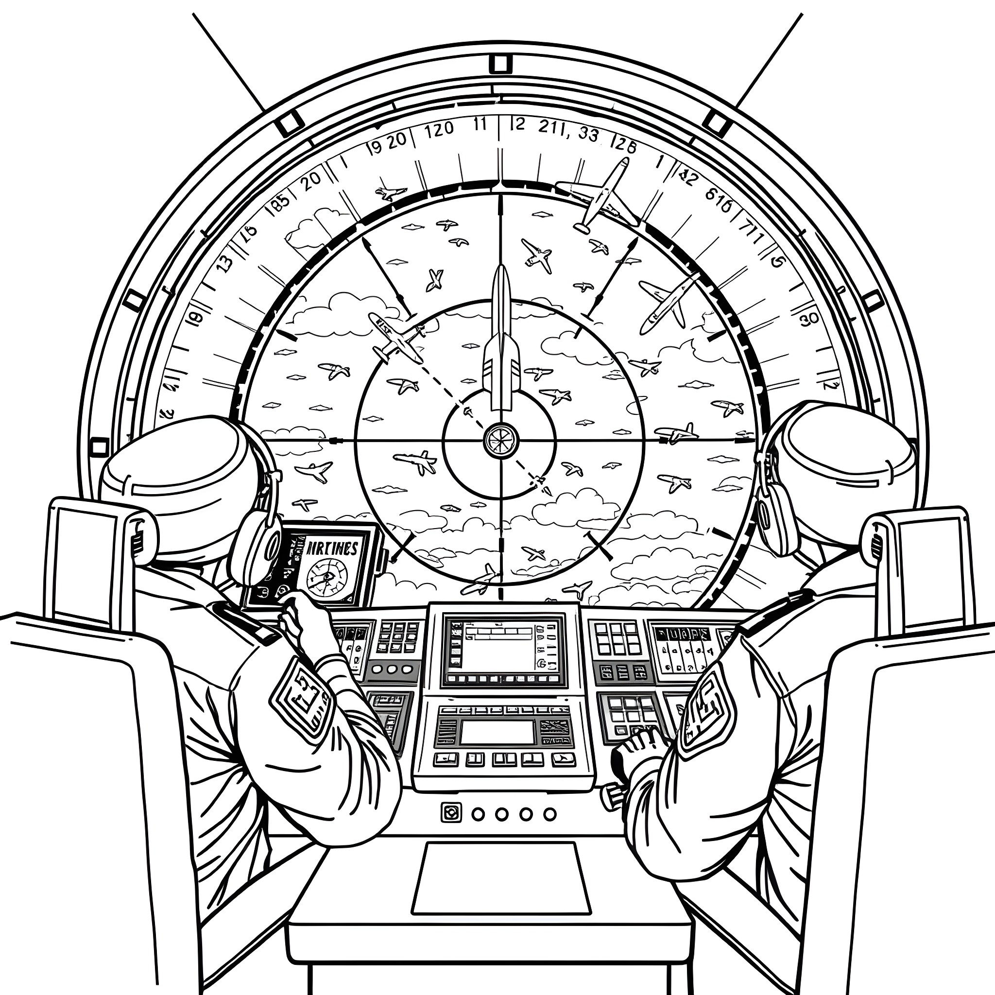 Radar controllers monitoring aircraft in the sky Coloring Page (free black-and-white line drawing printable PDF for all, from beginners to advanced learners, including children, teens, adults, and seniors)