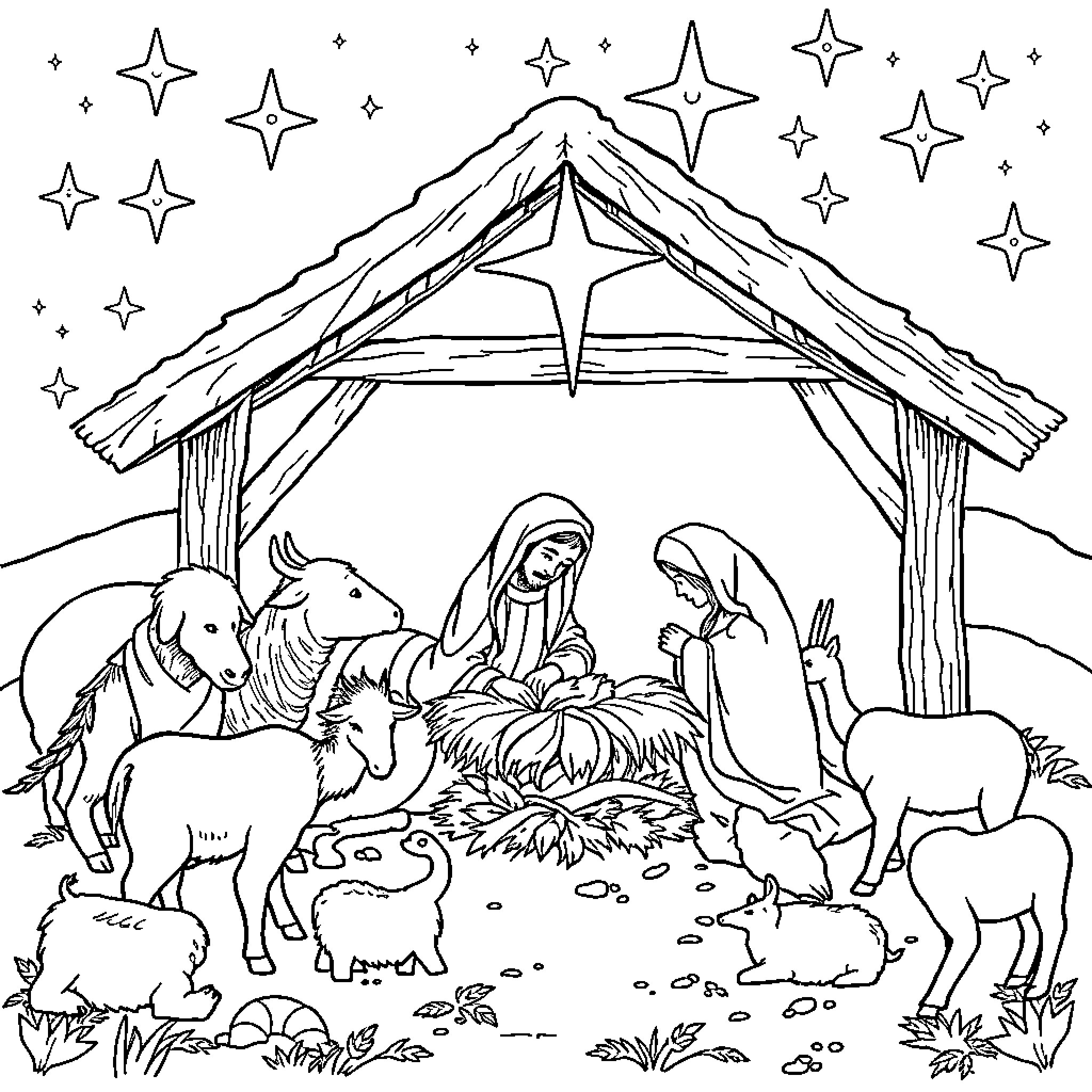 Jesus' Birth: Holy Family in Nativity Scene Coloring Page (free black-and-white line drawing printable PDF for all, from beginners to advanced learners, including children, teens, adults, and seniors)