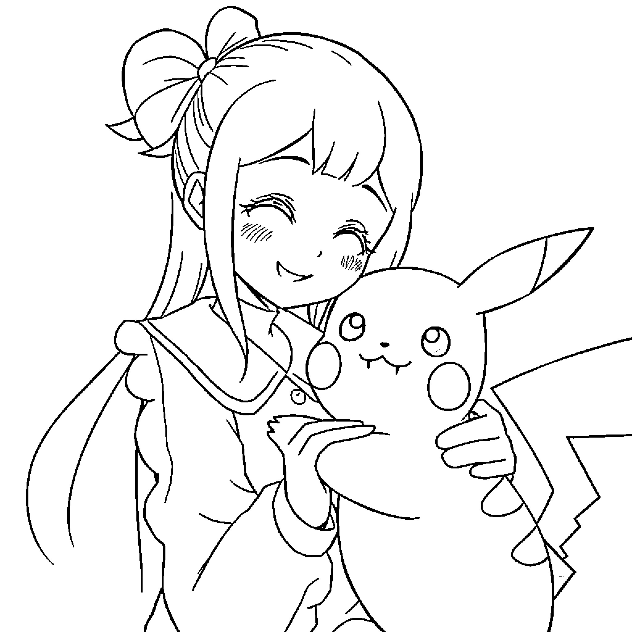 Nezuko cuddling with Pikachu in a happy scene Coloring Page (free black-and-white line drawing printable PDF for all, from beginners to advanced learners, including children, teens, adults, and seniors)