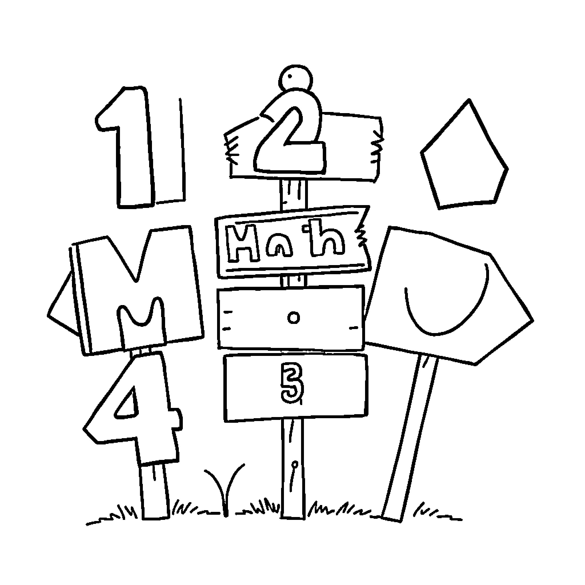 Math Sign Shapes and Numbers on Display Coloring Page (free black-and-white line drawing printable PDF for all, from beginners to advanced learners, including children, teens, adults, and seniors)