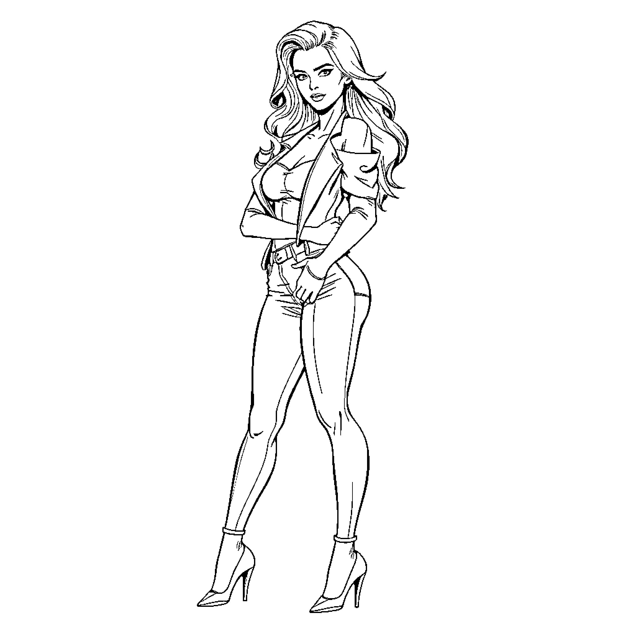 Girl in stylish outfit posing confidently Coloring Page (free black-and-white line drawing printable PDF for all, from beginners to advanced learners, including children, teens, adults, and seniors)