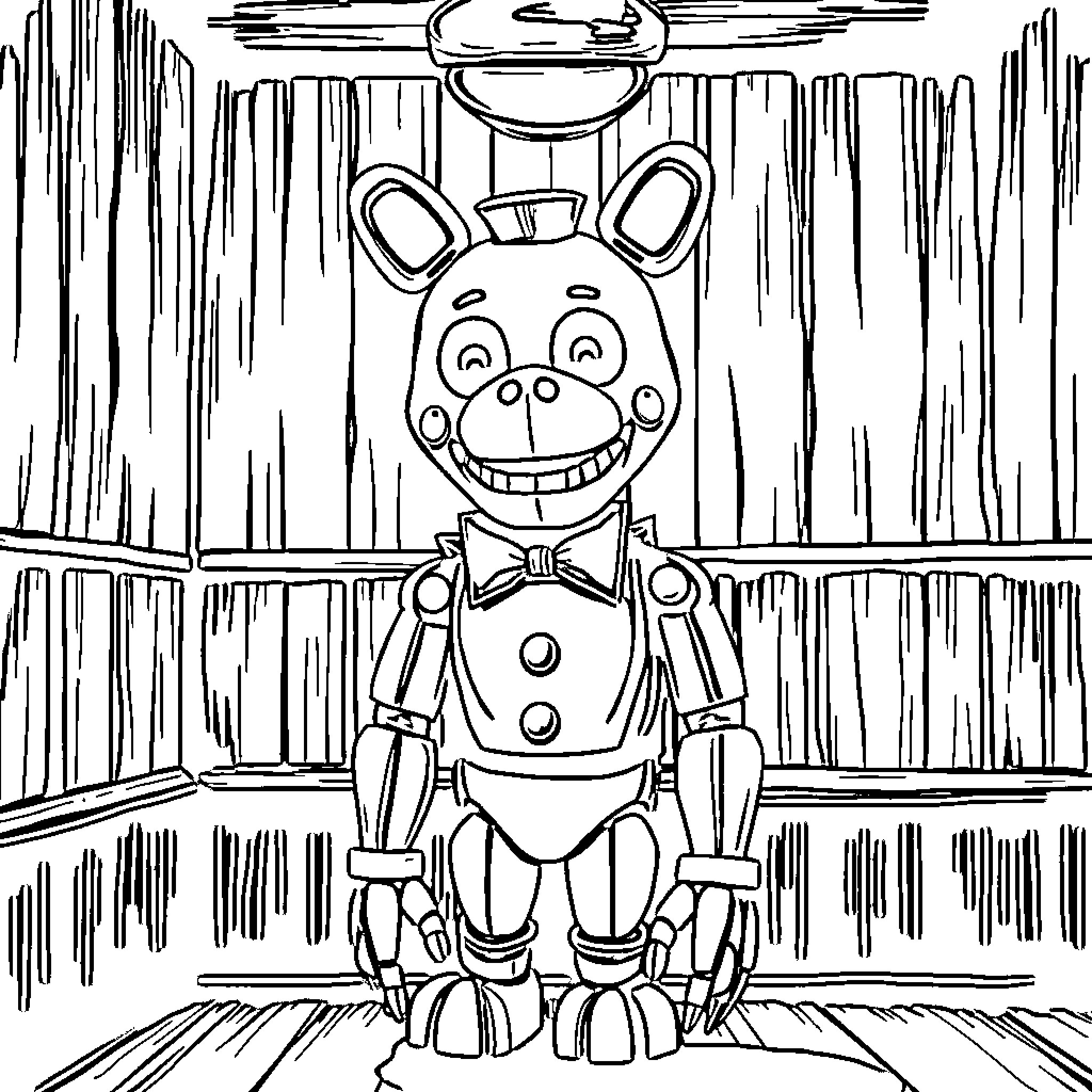 Puppet Robot Standing in Mysterious Hallway Coloring Page (free black-and-white line drawing printable PDF for all, from beginners to advanced learners, including children, teens, adults, and seniors)