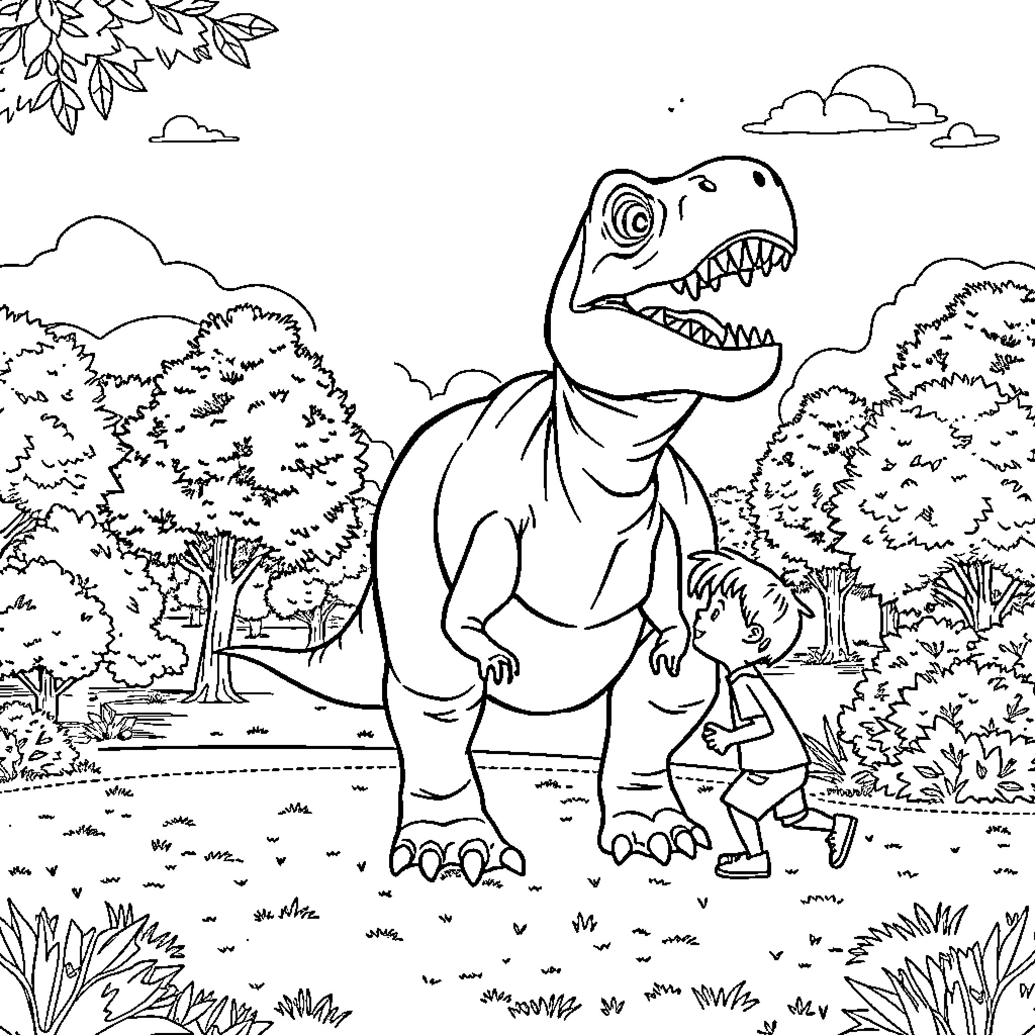 T-Rex stomping through the forest Coloring Page (free black-and-white line drawing printable PDF for all, from beginners to advanced learners, including children, teens, adults, and seniors)