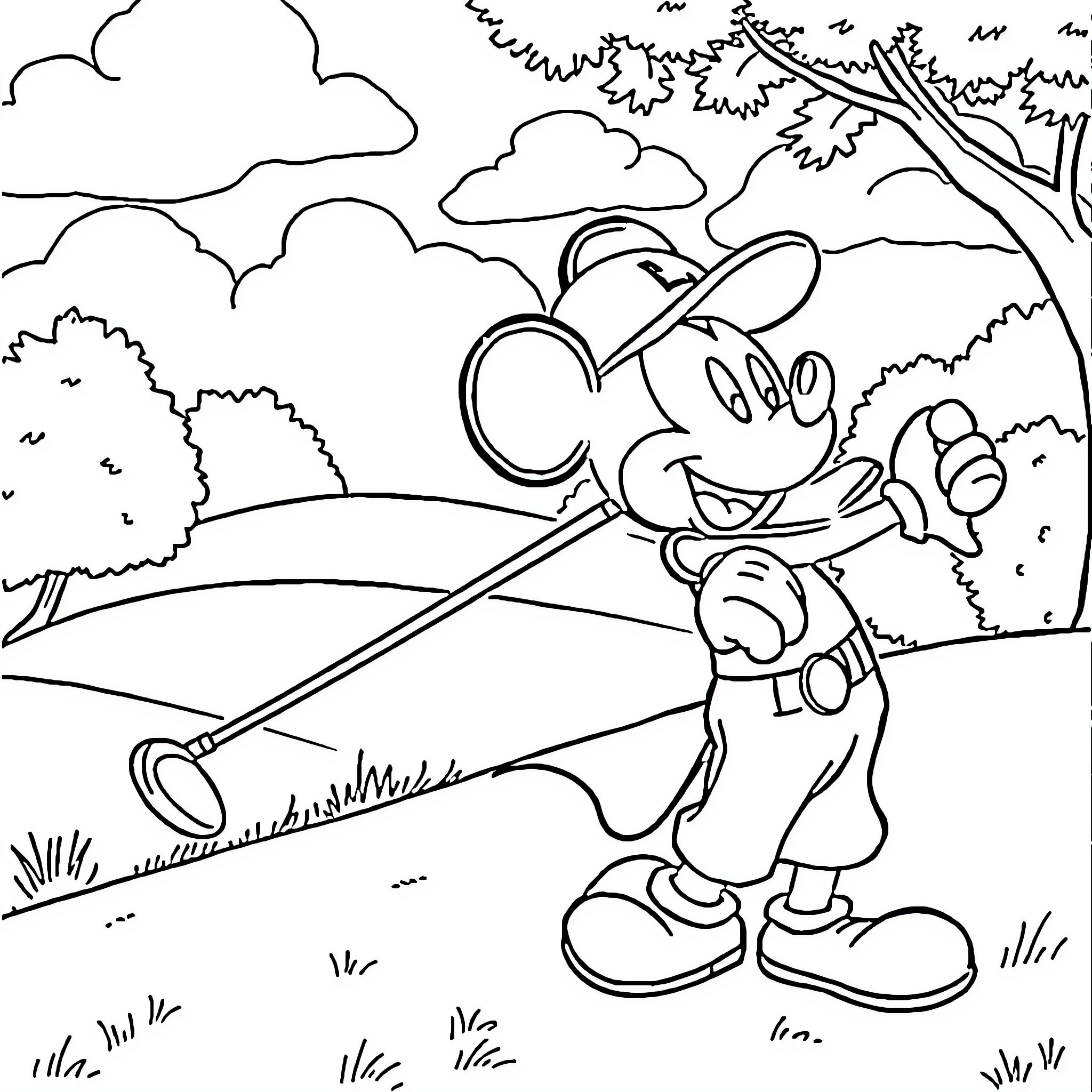 Mickey Mouse exploring the outdoors with his fishing pole Coloring Page (free black-and-white line drawing printable PDF for all, from beginners to advanced learners, including children, teens, adults, and seniors)