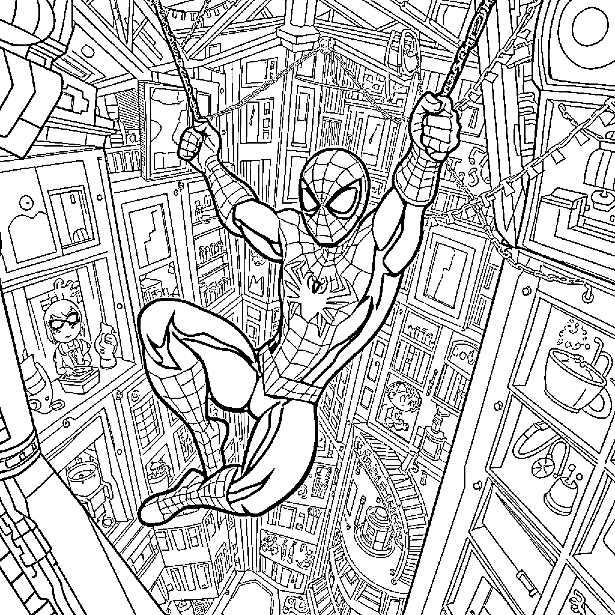 Spiderman swinging through a chaotic city scene Coloring Page (free black-and-white line drawing printable PDF for all, from beginners to advanced learners, including children, teens, adults, and seniors)