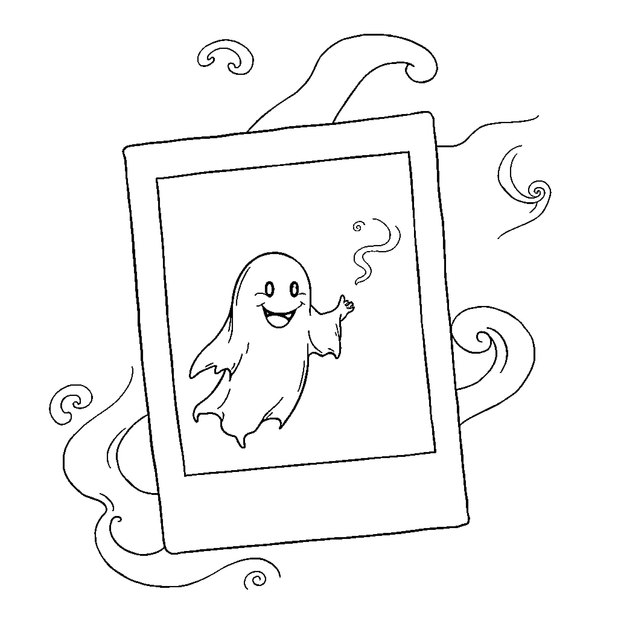 Ghost playfully floating in a frame Coloring Page (free black-and-white line drawing printable PDF for all, from beginners to advanced learners, including children, teens, adults, and seniors)