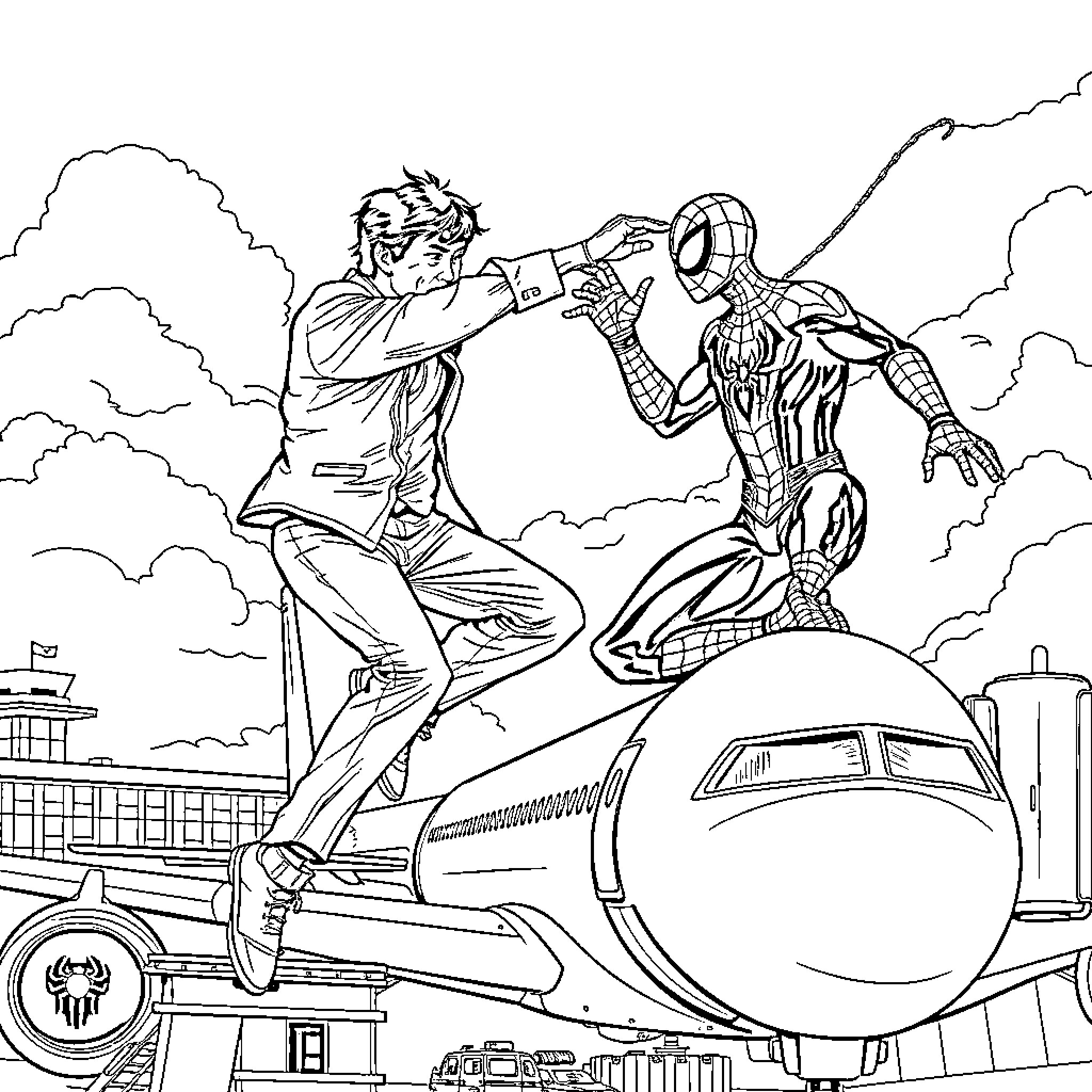 Jackie Chan as Spider-Man in action-packed adventure Coloring Page (free black-and-white line drawing printable PDF for all, from beginners to advanced learners, including children, teens, adults, and seniors)