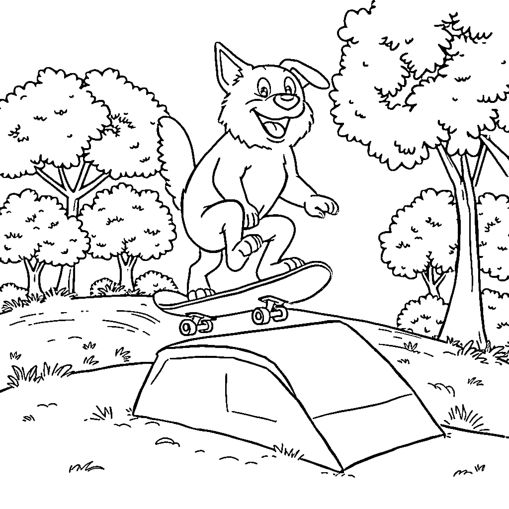 Dog riding skateboard in forest Coloring Page (free black-and-white line drawing printable PDF for all, from beginners to advanced learners, including children, teens, adults, and seniors)