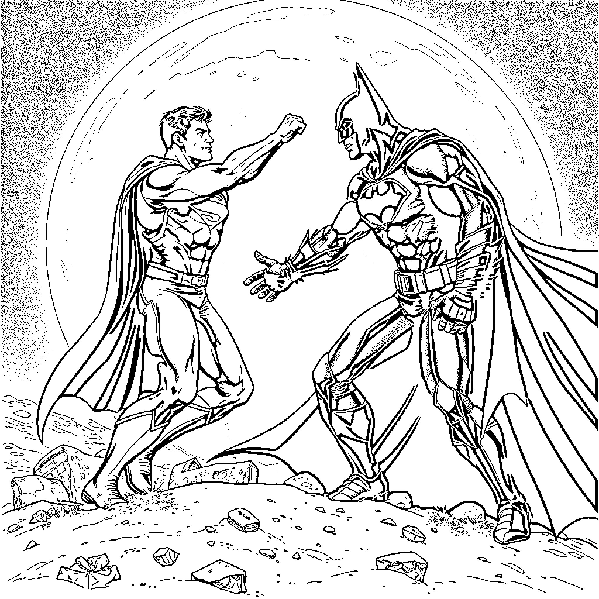 Superman and Batman heroically battling in the moonlight Coloring Page (free black-and-white line drawing printable PDF for all, from beginners to advanced learners, including children, teens, adults, and seniors)
