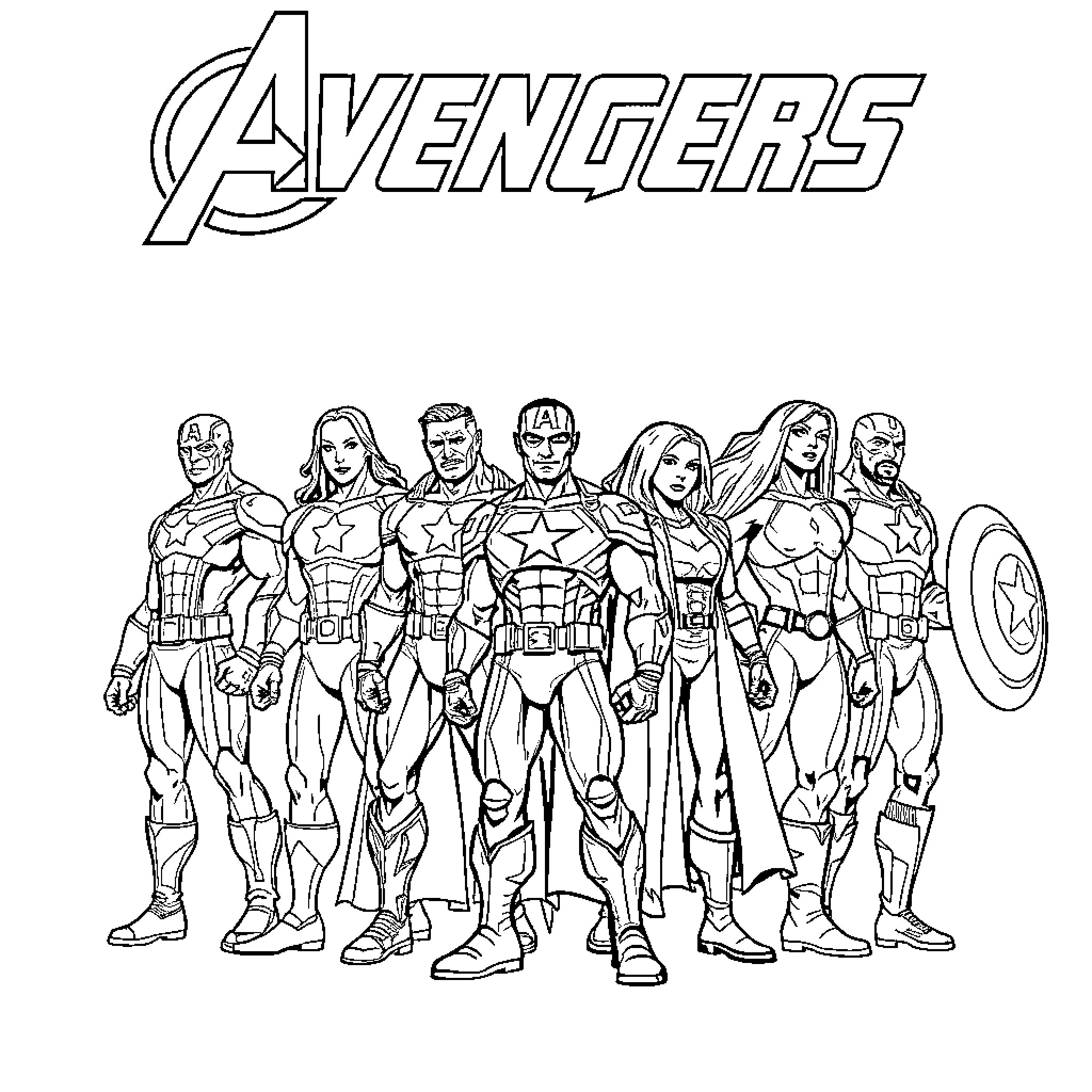 Avengers superheroes standing together in heroic poses Coloring Page (free black-and-white line drawing printable PDF for all, from beginners to advanced learners, including children, teens, adults, and seniors)