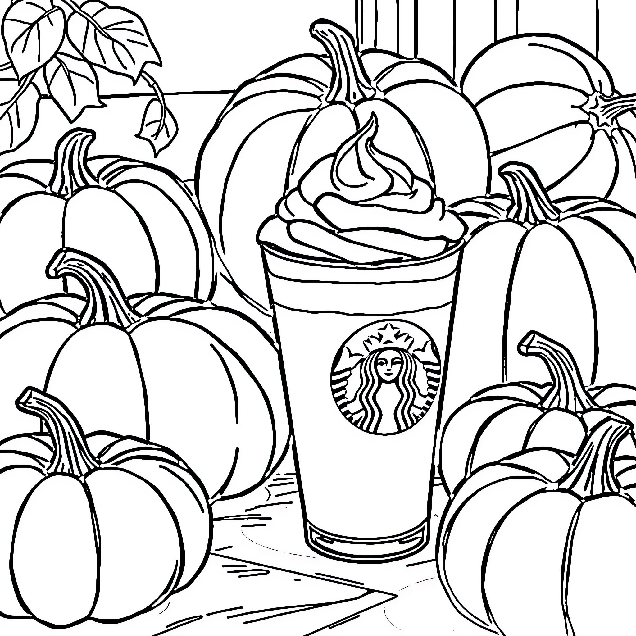 Cappuccino and Pumpkins Coloring Page (free black-and-white line drawing printable PDF for all, from beginners to advanced learners, including children, teens, adults, and seniors)