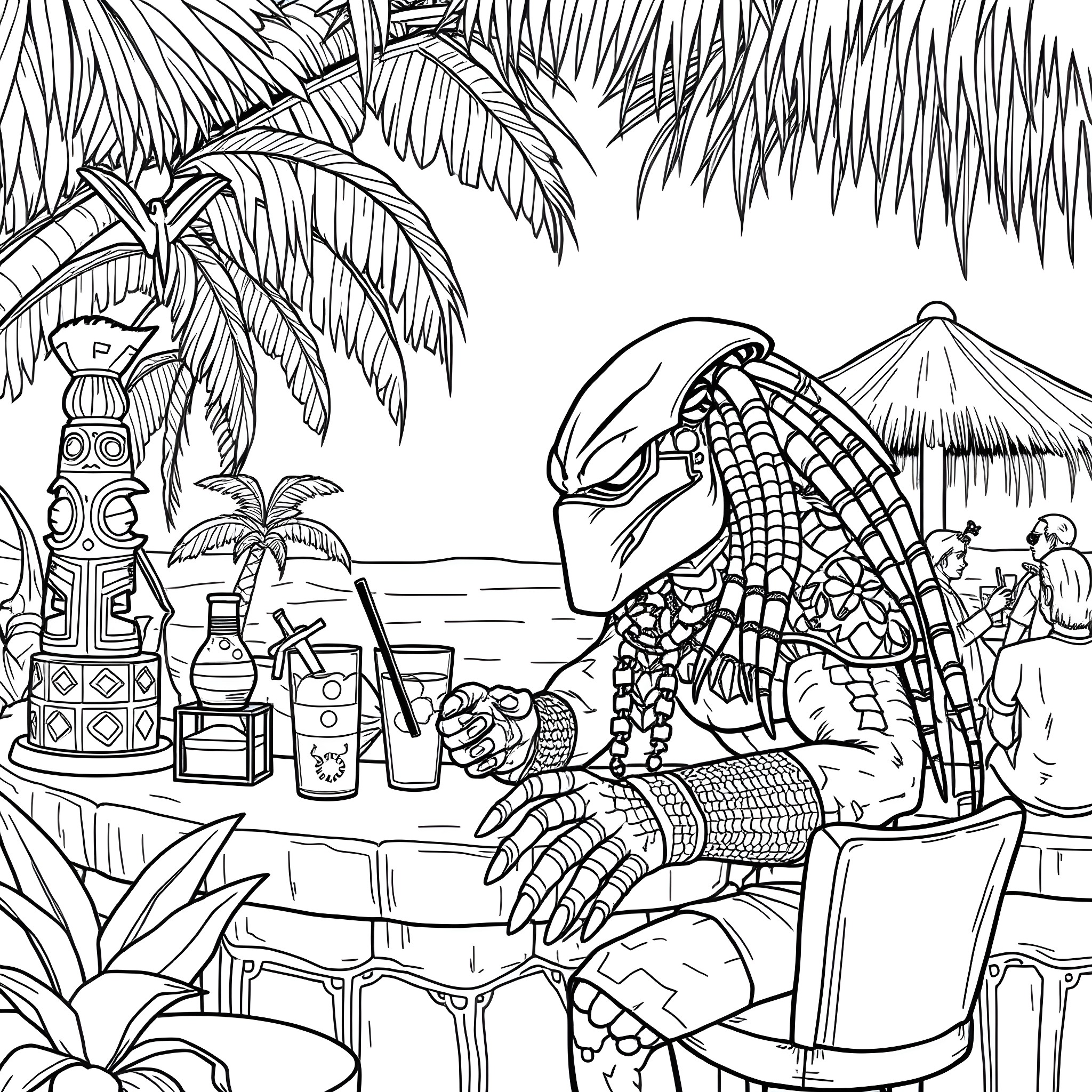 Predator enjoying tropical vacation on the beach Coloring Page (free black-and-white line drawing printable PDF for all, from beginners to advanced learners, including children, teens, adults, and seniors)