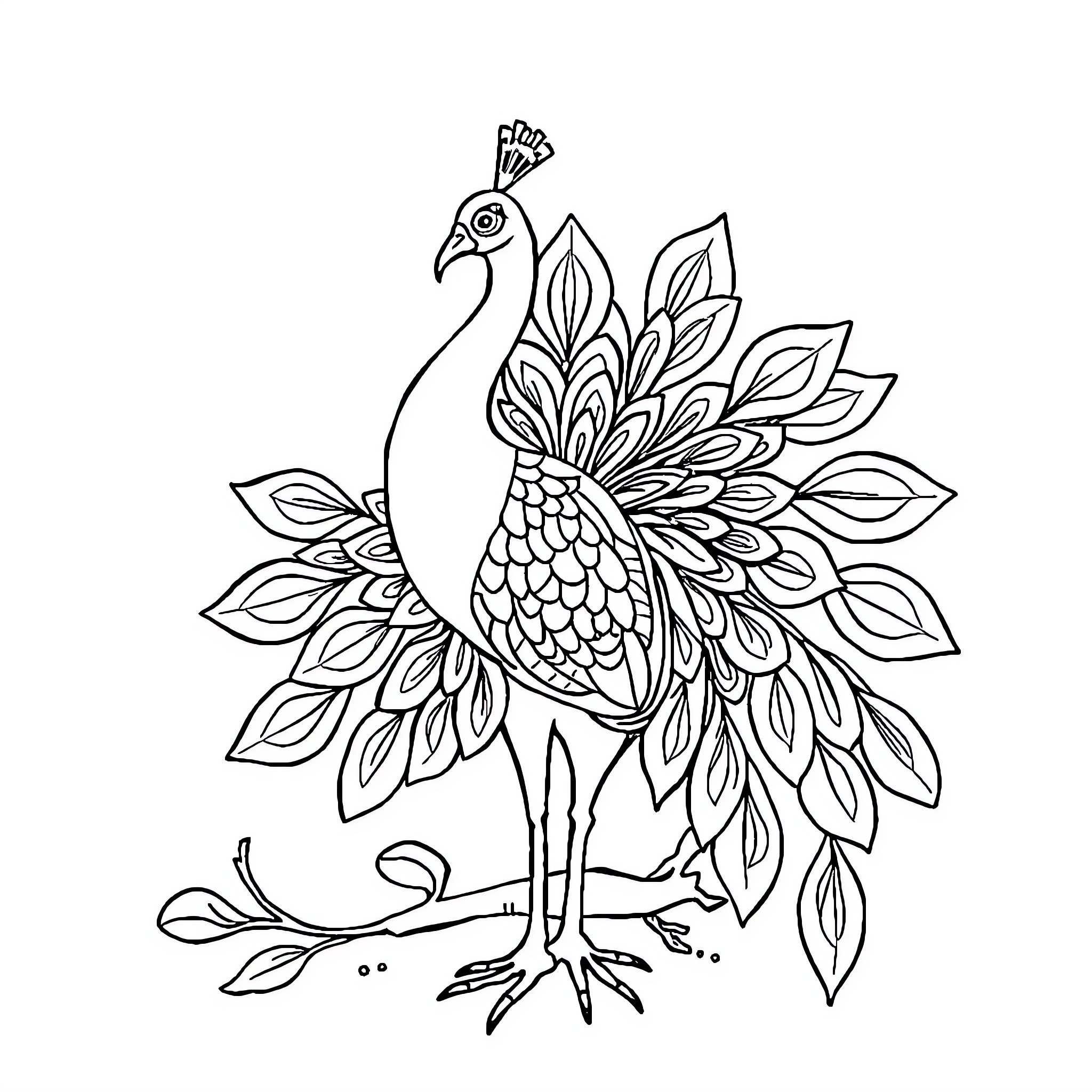 Peacock with intricate feather design Coloring Page (free black-and-white line drawing printable PDF for all, from beginners to advanced learners, including children, teens, adults, and seniors)