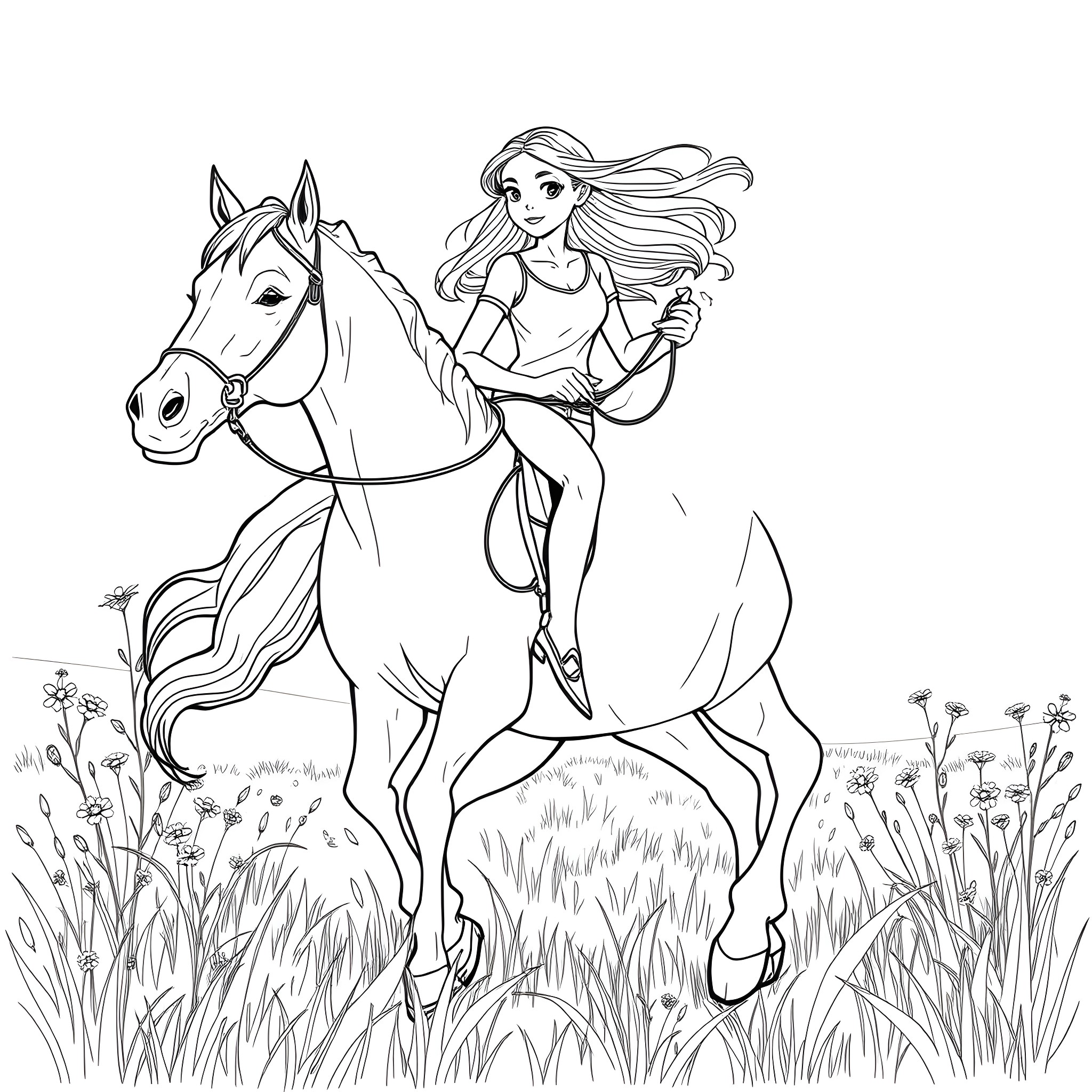 Teen Girl Riding Horse Through Grassy Field Coloring Page (free black-and-white line drawing printable PDF for all, from beginners to advanced learners, including children, teens, adults, and seniors)
